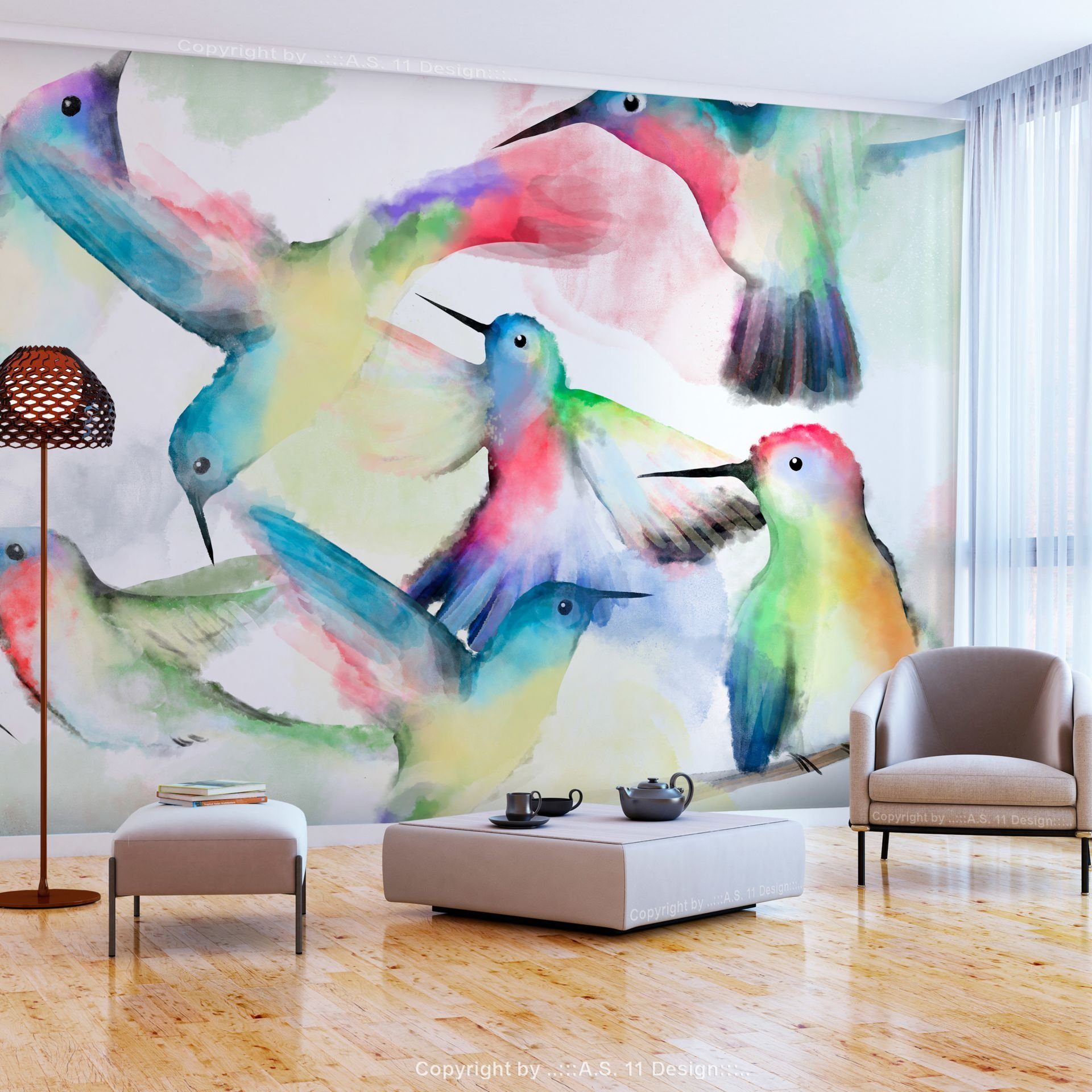 Vliestapete Watercolor Birds 0.98x0.7 m