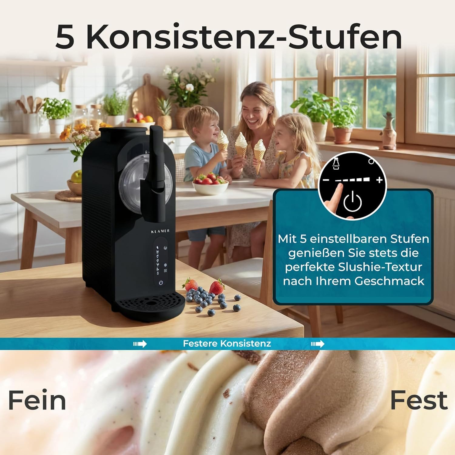 KLAMER Eismaschine 1,5L, 7 Programme (Softeis, Slush, Frapp), Eismaschine & Slush Masch…, 1,5 l, 210 W, Kompressor-Technologie, 7 Programme, Automatische Reinig – Bild 3 von 5