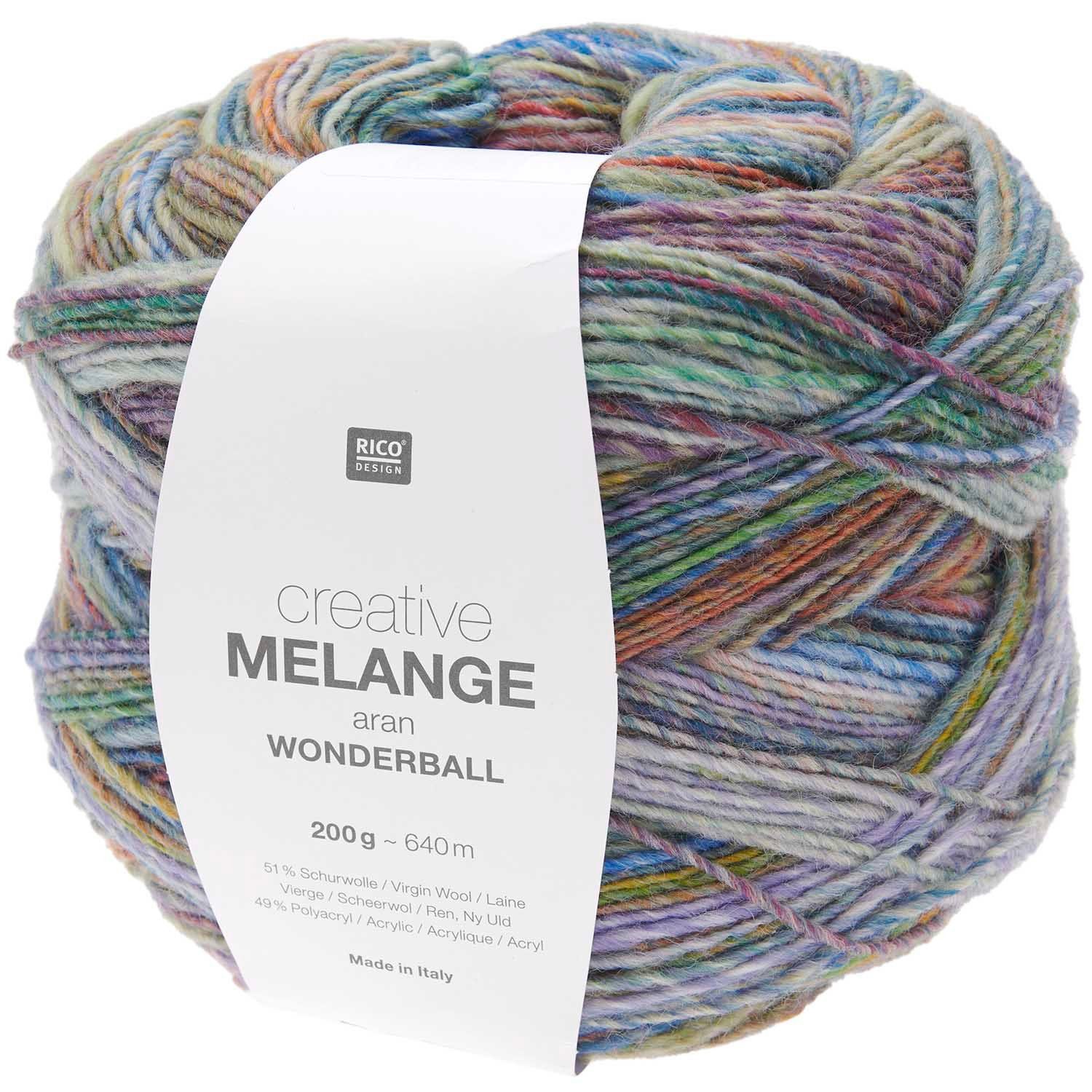 Rico Design Creative Melange Aran Wonderball Häkelwolle, 640,00 m (Wolle mit Farbverlauf zum stricken oder häkeln, Strickgarn Handstrickgarn Strickwolle, 200g), dicke Farbverlaufswolle