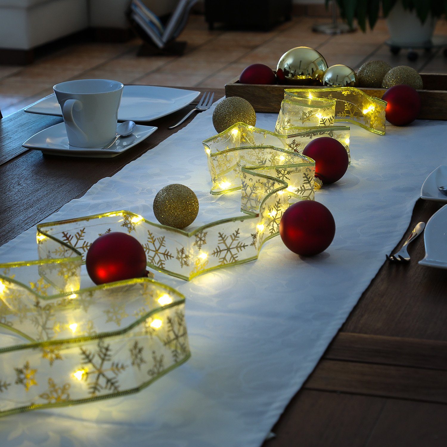 MARELIDA LED-Lichterkette LED Seidenband Geschenkband Schleifenband 30 LED 2,7m Batterie gold, 30-flammig