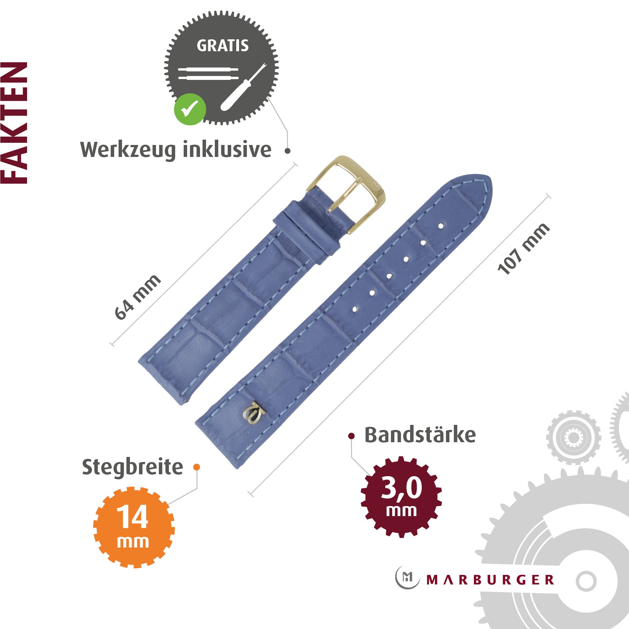 MARBURGER Uhrenarmband 14mm Leder Alligator Prägung