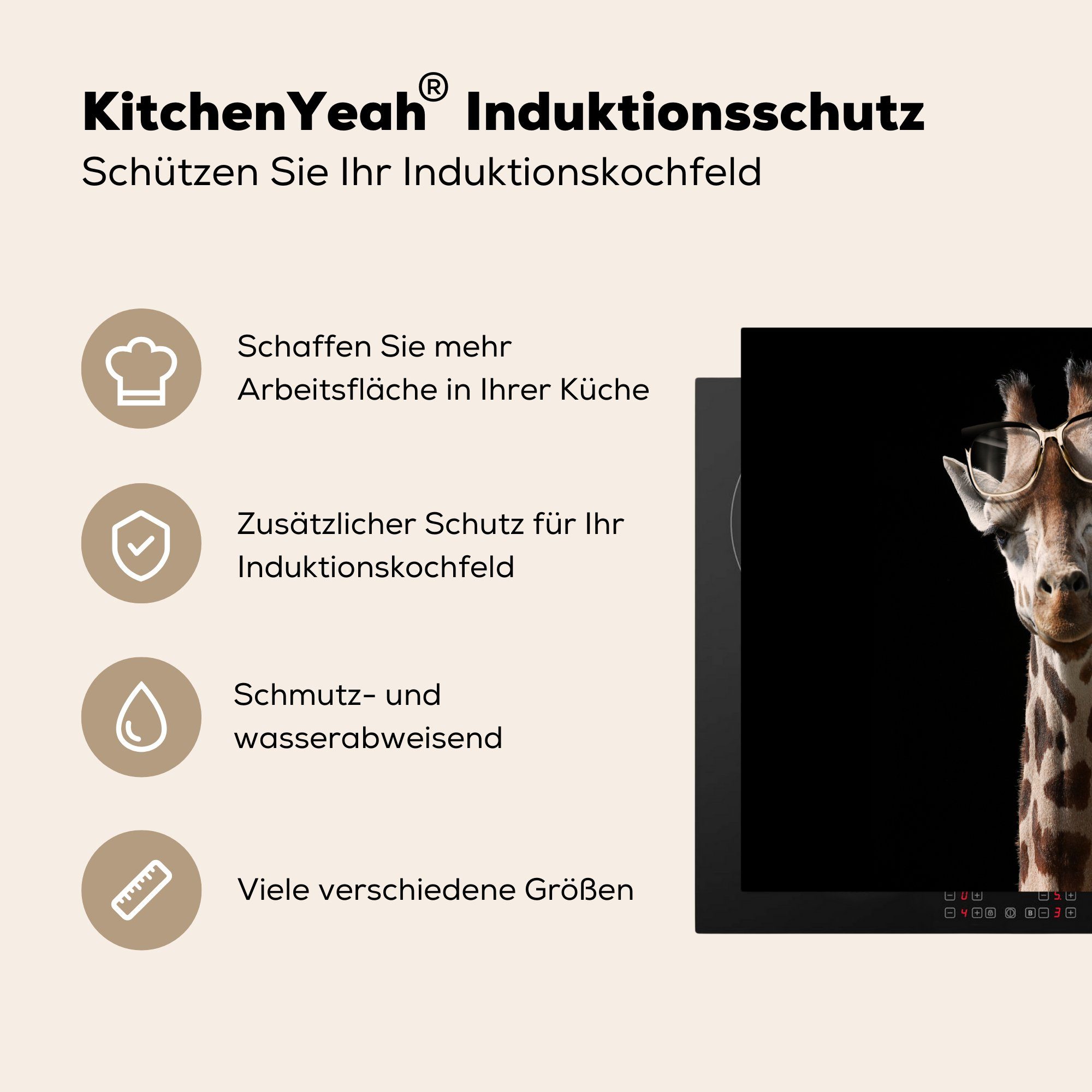 tlg), cm, für - MuchoWow - Ceranfeldabdeckung die Vinyl, Schutzbrille küche, 59x52 Schwarz, (1 Induktionsmatte Giraffe Herdblende-/Abdeckplatte