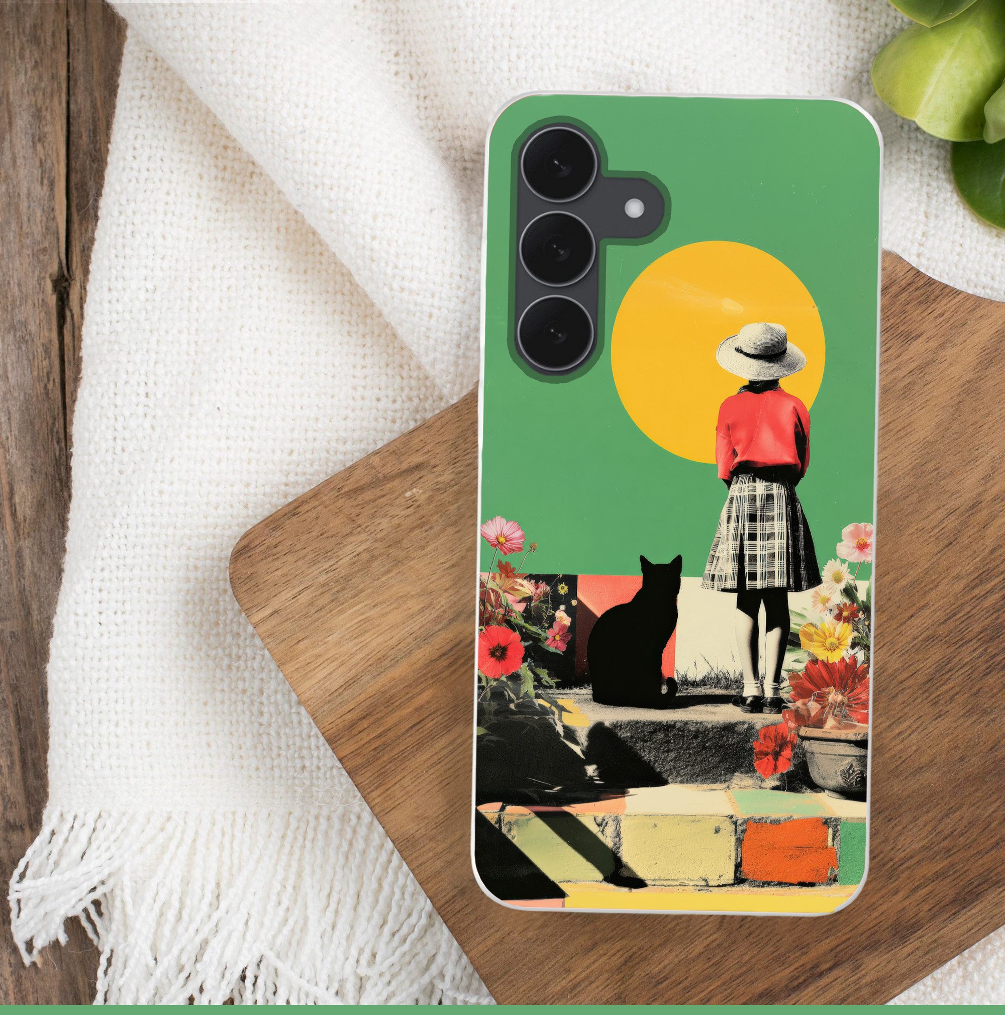 MuchoWow Handyhülle für Samsung Galaxy S25 FE Retro - Mädchen - Katze - Sonne, Smartphone-Bumper, Print, Handy Schutzhülle Dünn