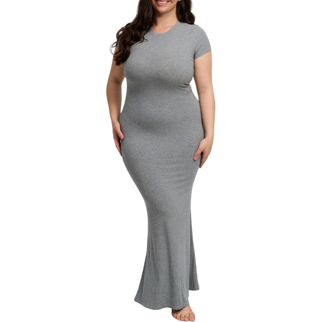 cfab by creamy fabrics Jerseykleid Ribbed T-Shirt Maxikleid-Grey Melange-L günstig online kaufen