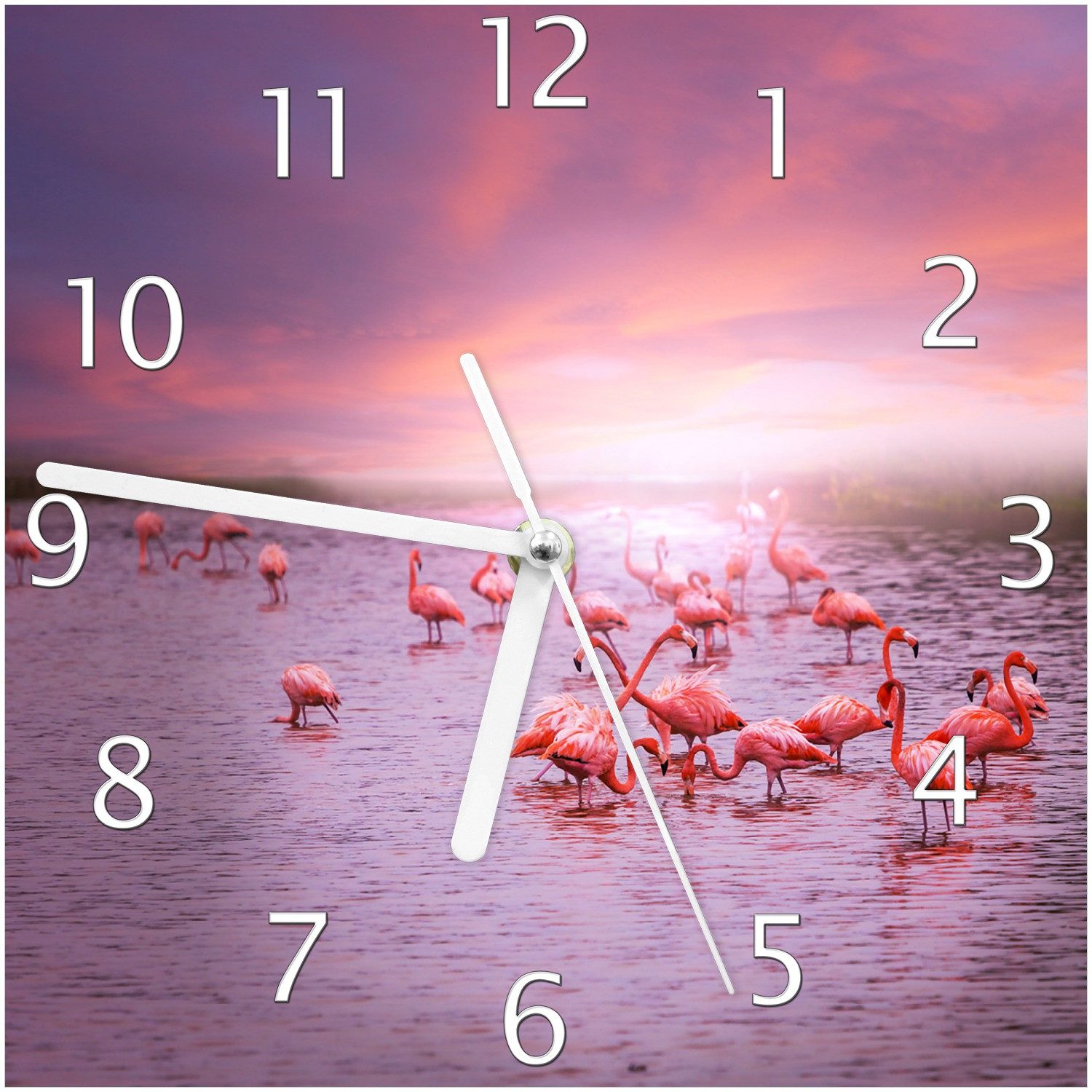 Wallario Wanduhr Rosa Flamingos bei Sonnenuntergang (Glasuhr)