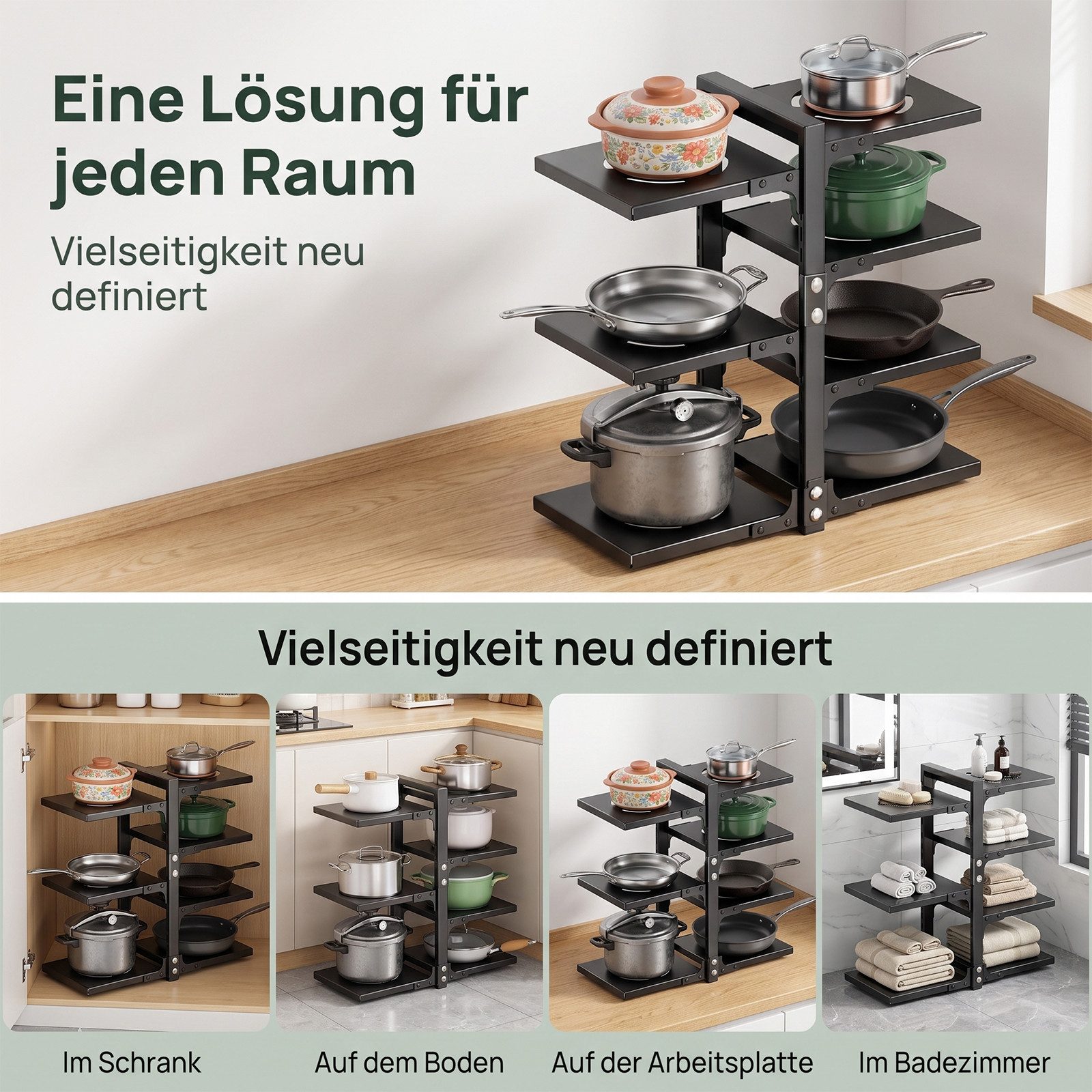 AKKEE Geschirrständer 7-stufiger verstellbarer Topf-Organisator Küchenorganisator, Kohlenstoffstahlmaterial – Bild 5 von 5