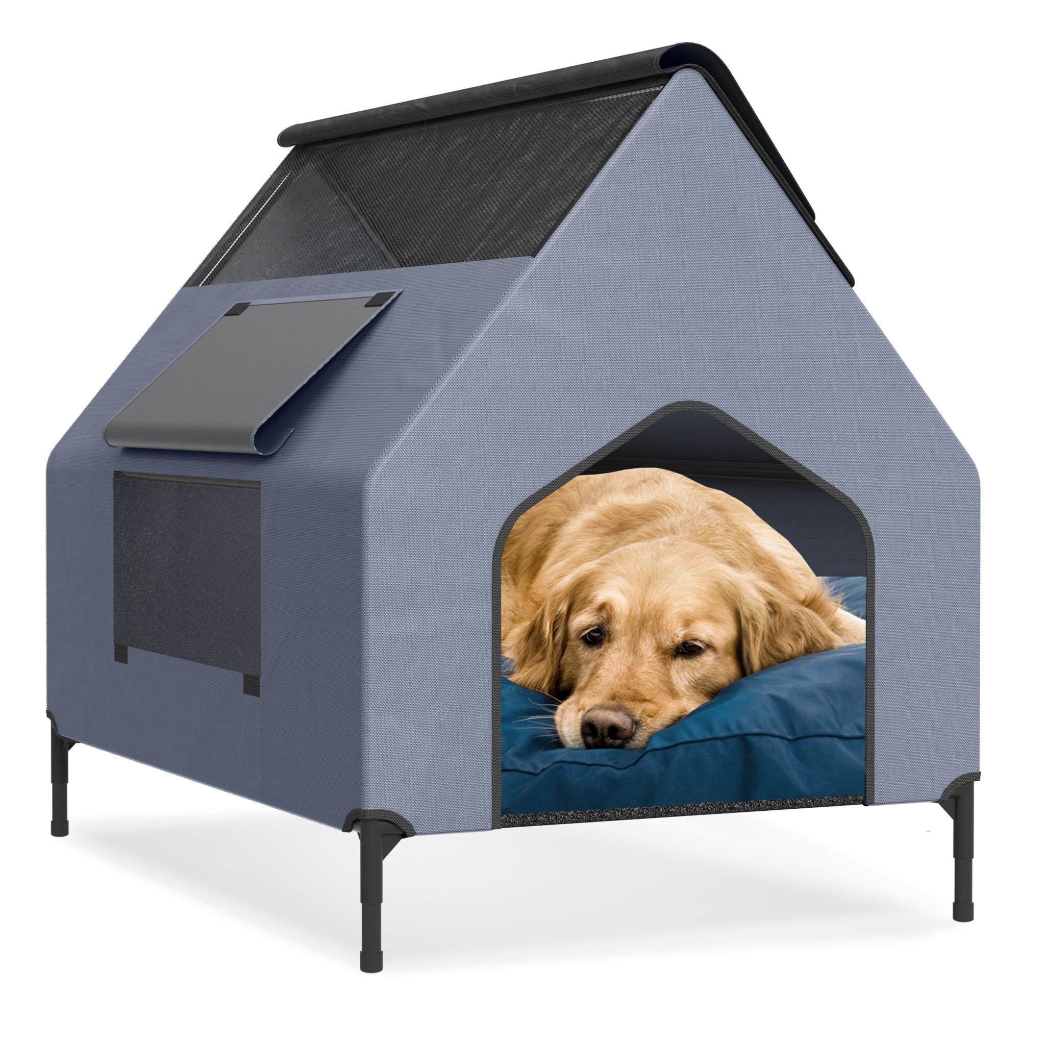 FIVMEN Hundebett mit Baldachin Hundeliege Hundehütte im Hausform, Oxford-Material Stahlrahmen Hundekäfig S/M/L