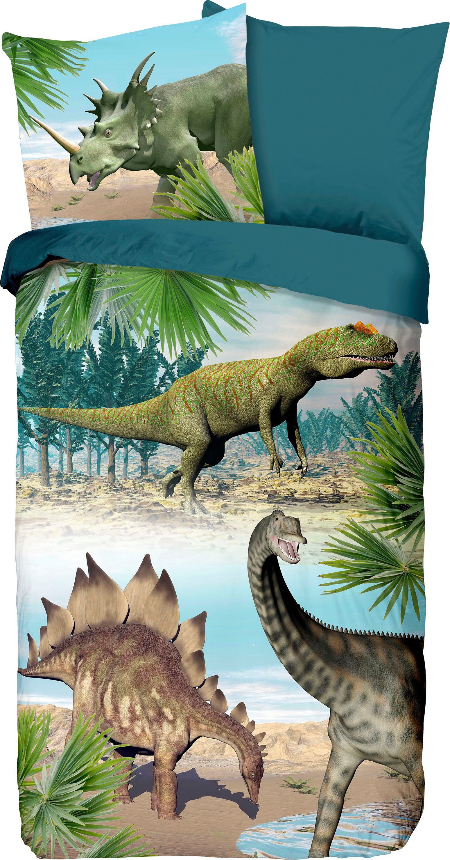 Kinderbettwäsche Dino in Gr. 135x200 cm, für Kinder, Kinderbettwäsche, good morning, Renforcé, 2 teilig, Biber kuschelig warm im Winter, Kinderbettwäsche aus Baumwolle, Kinder