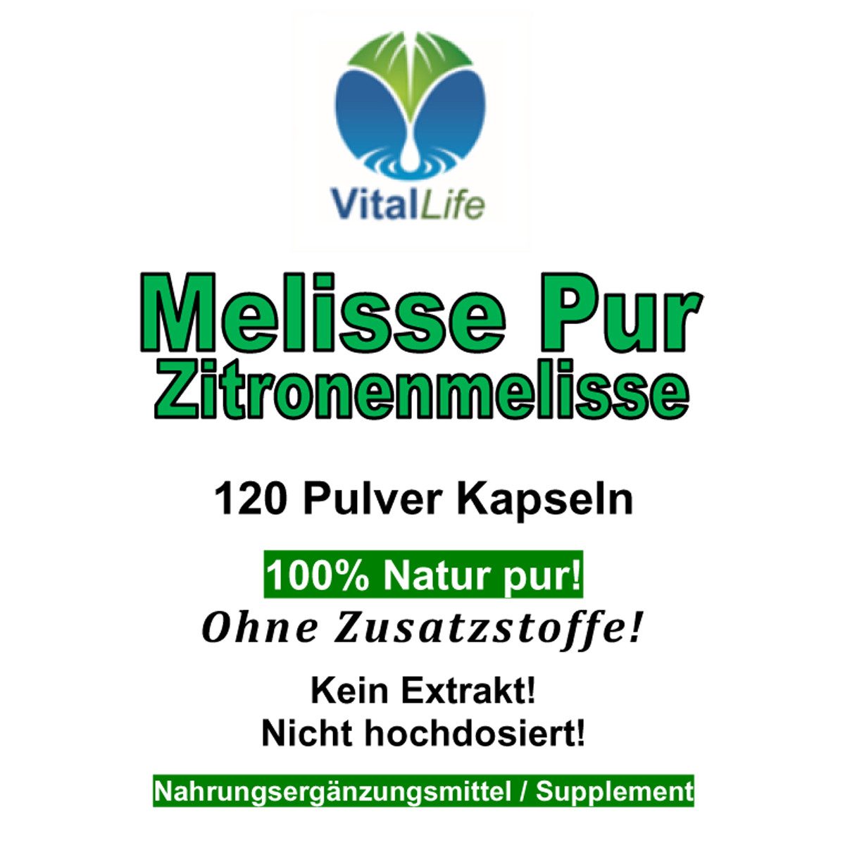 VitalLife Melisse Zitronenmelisse "NERVENKRAUT FRAUENWOHL HERZTROST" NATUR PUR Kapseln, 1 er Dose à 120 St., 48 g, Art. 26328-120