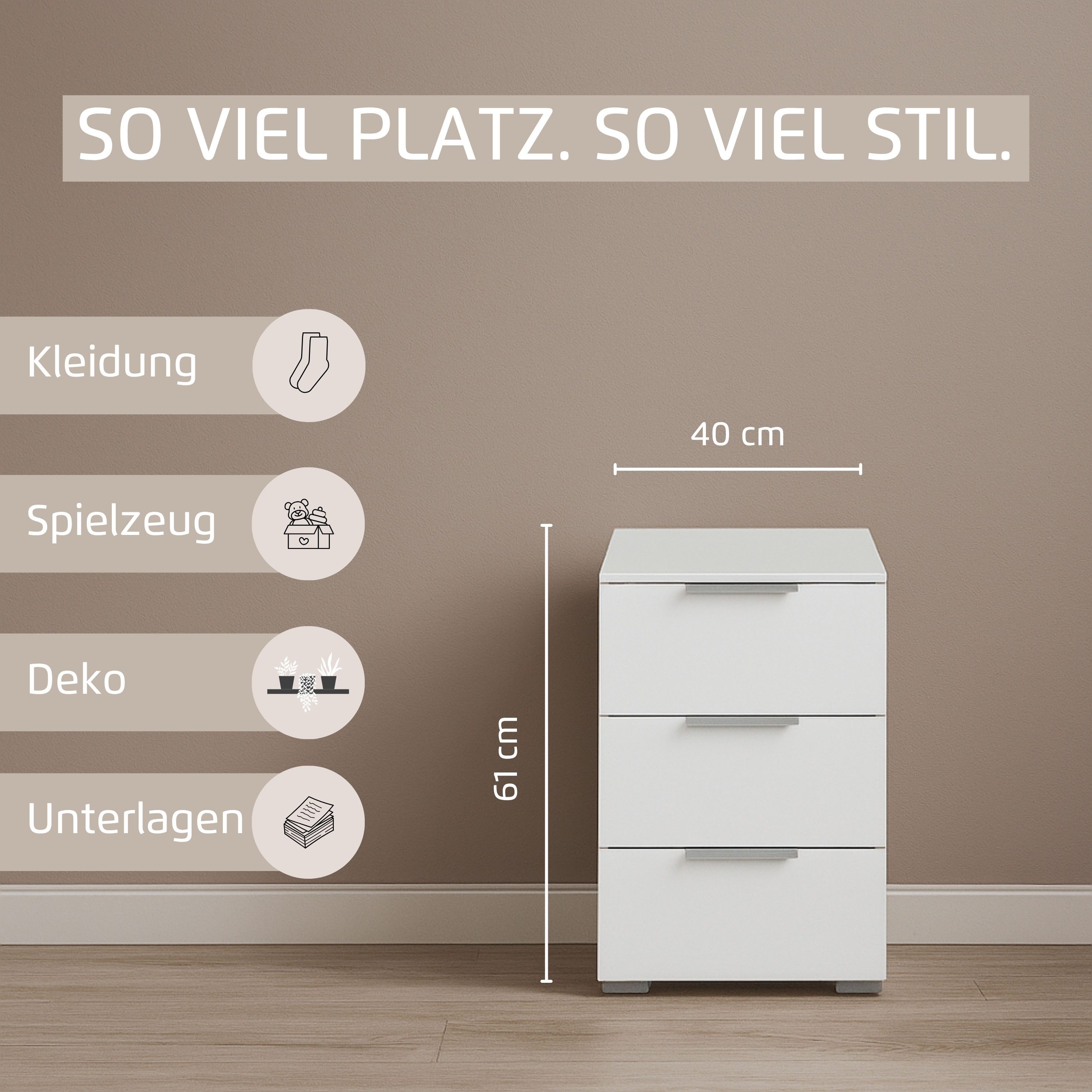 OTTO home Nachtkommode Nachttisch Nachtkonsole AGORDO in Dekor- oder Hochglanzfront (in zwei Griff-Farben, Breite 40 cm), mit 3 geräumigen Schubladen für viel S – Bild 4 von 5