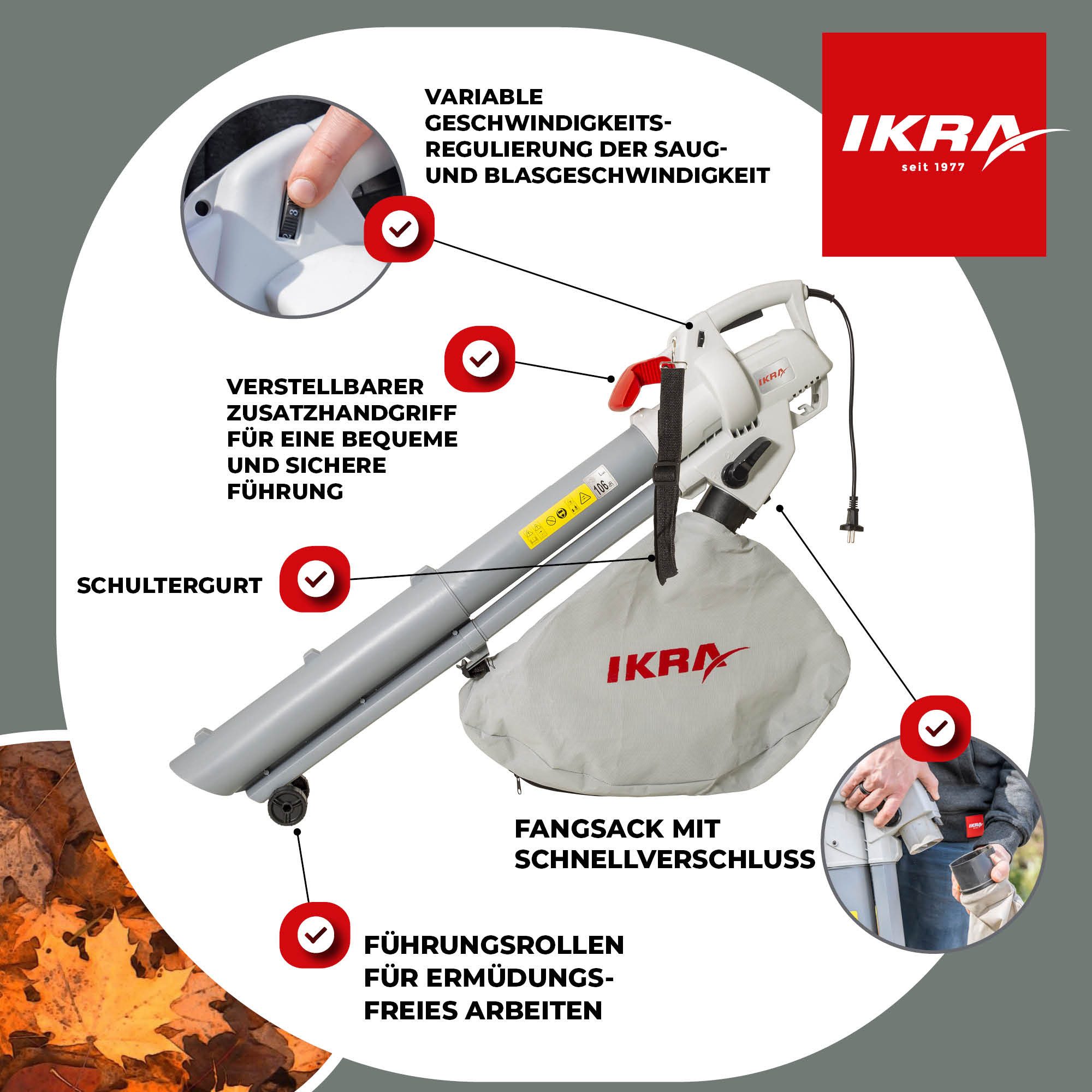 ikra GmbH Elektro-Laubbläser IBV 3000, 3in1 Gerät, bis 240km/h Blaskraft, inkl. 45 L Fangsack