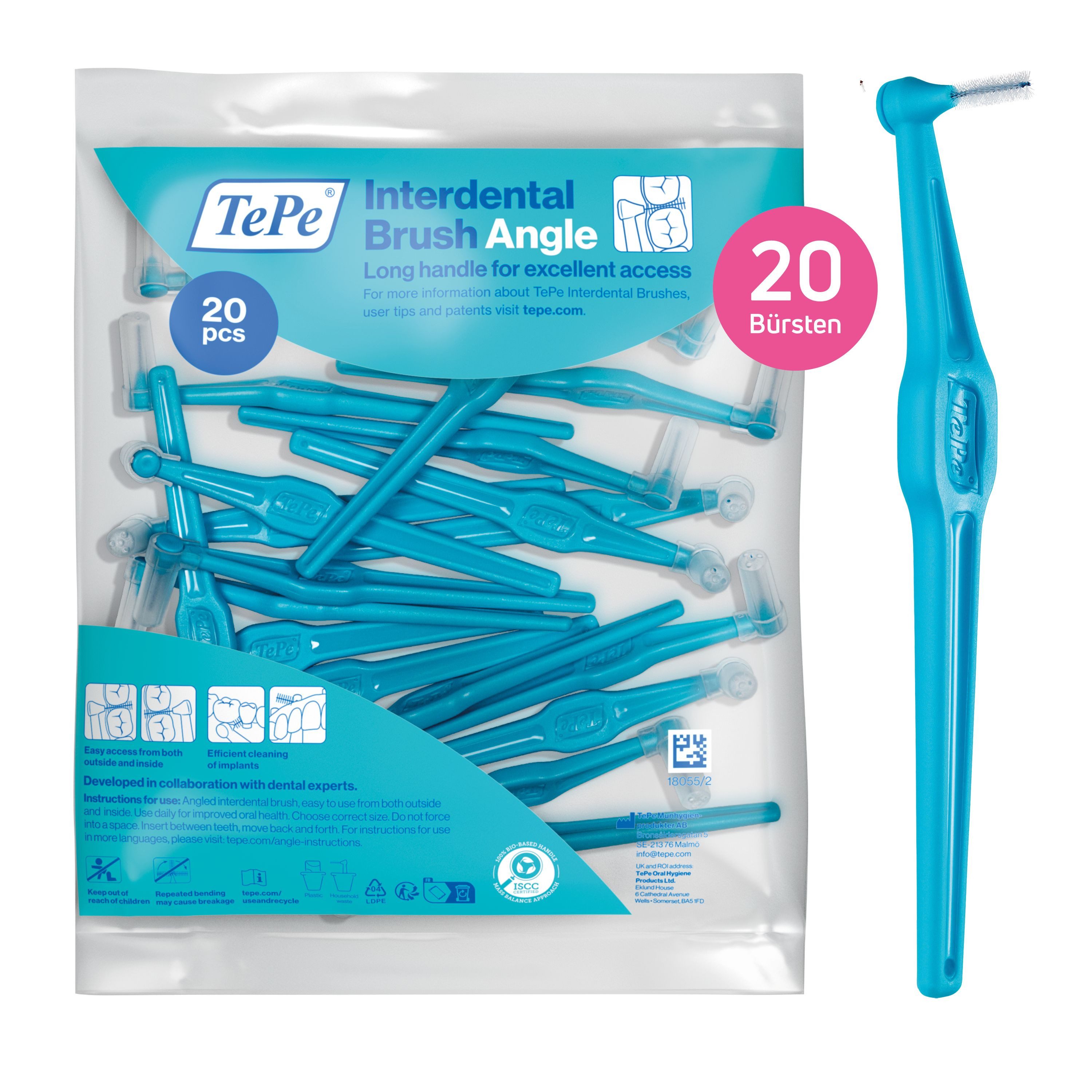 TePe Interdentalbürsten Angle Blau 0,6mm, ISO-3, 20-Pack, Langer, flacher Griff