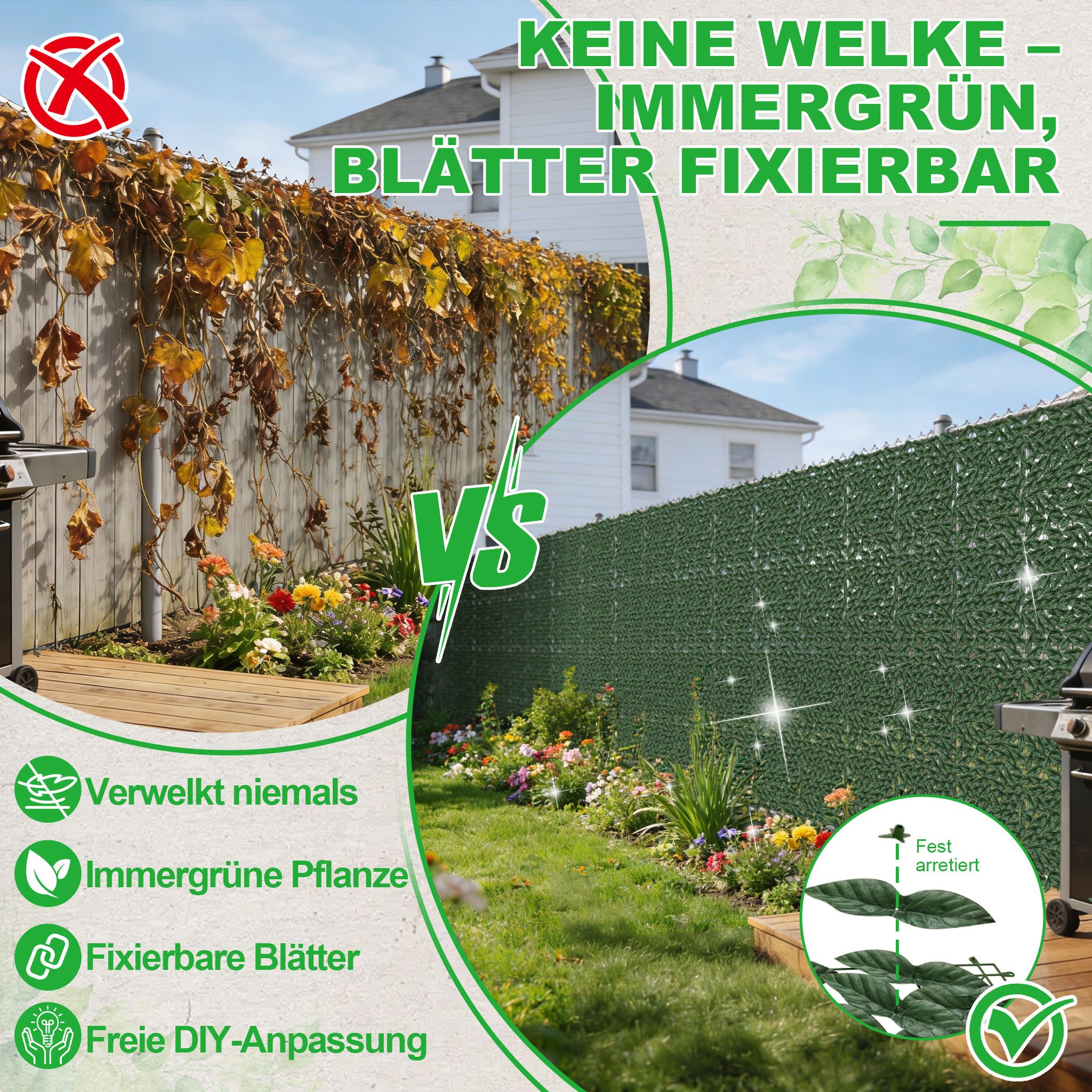 FIVMEN Gartenzaun Künstlicher Efeu Heckenzaun Sichtschutzzaun Erweiterbarer, (1 x 3 m/1 x 6 m /1 x 9 m), Künstliche Hecke für Garten Rankenblatt Dekoration mit Kabelbinder