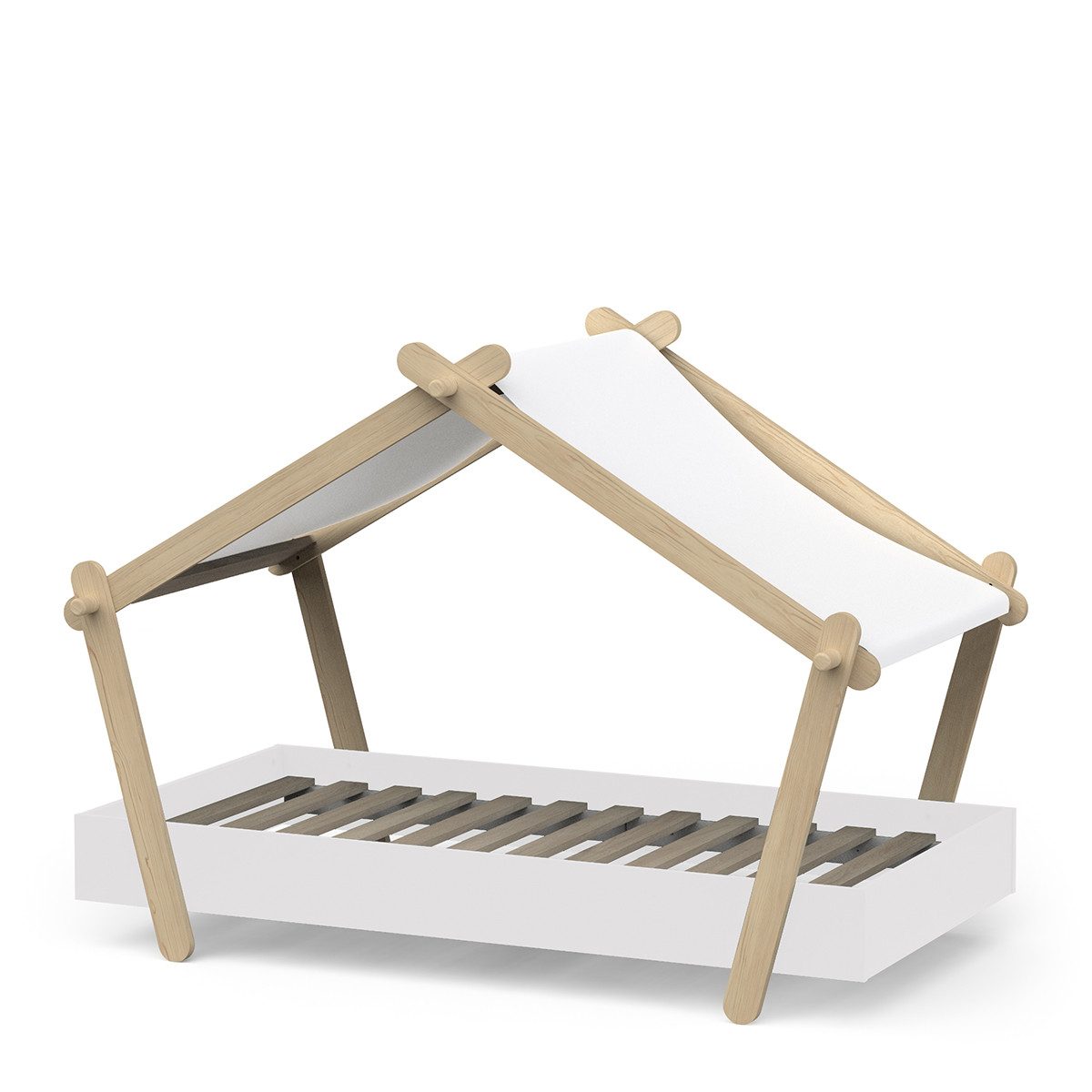 habeig Kinderbett Mini-Lodge Bett mit Dach, 143,6 x 106,5 x 85 cm, Weiß/Naturholz, ohne Matratze und Bettzeug