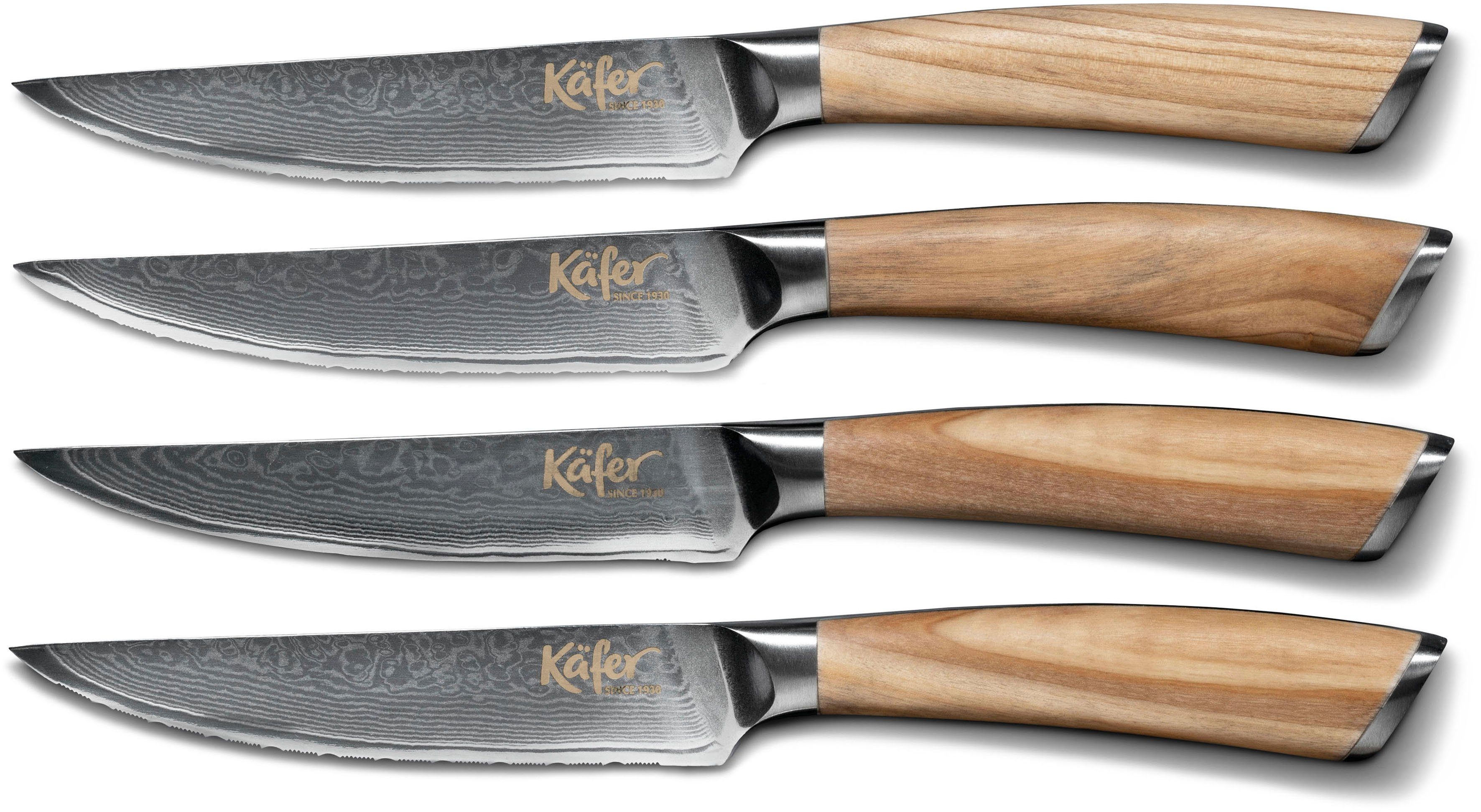 Käfer Steakbesteck (4-tlg), 4 Personen, Klingenstahl, Massivholz, Olivenholzgriff, 67-lagiger Damaszenerstahl, Klingenlänge 12 cm