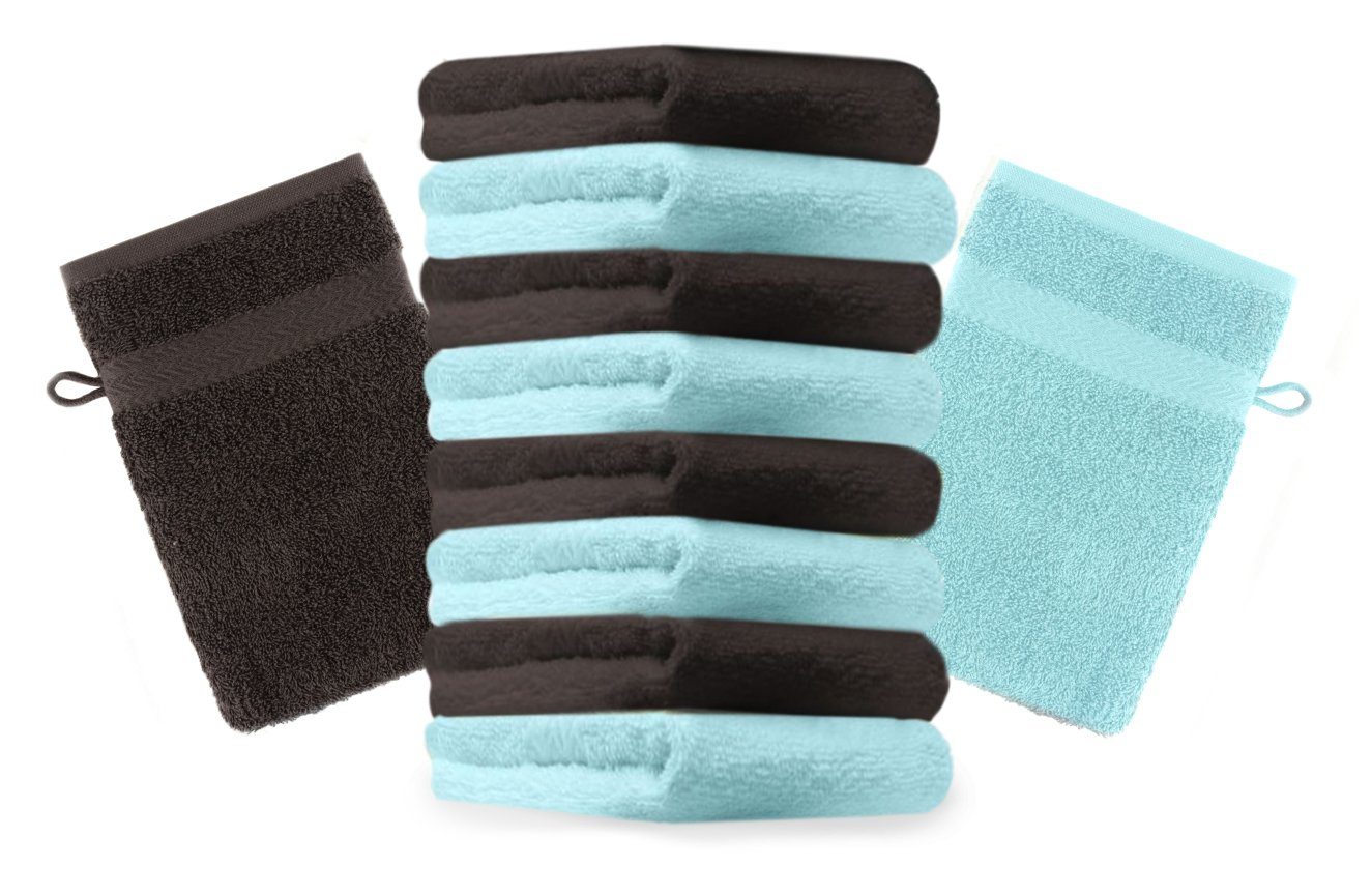 Baumwolle türkis Farbe Betz Set 16x21 und 100% Premium cm (10-tlg) Stück 10 dunkelbraun Waschlappen Waschhandschuh Waschhandschuhe