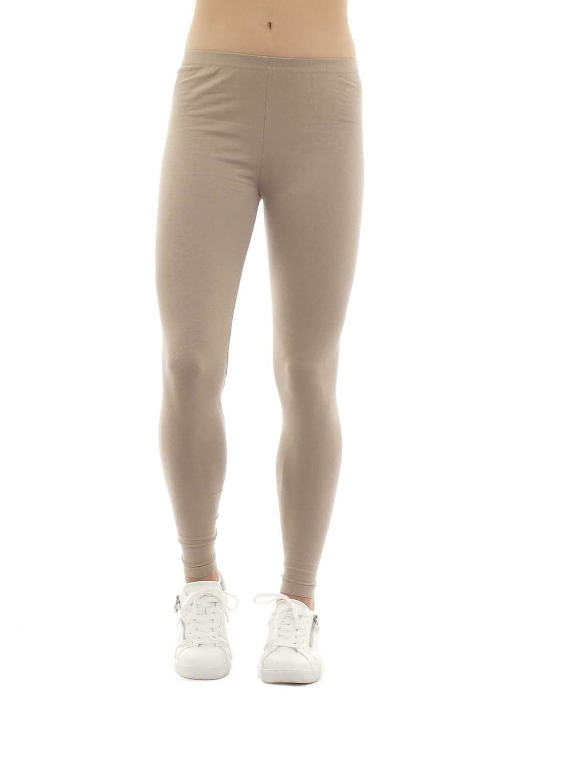 F&K-Mode Leggings Damen Leggings lang Hose Baumwolle gummi beige | Trainingshosen