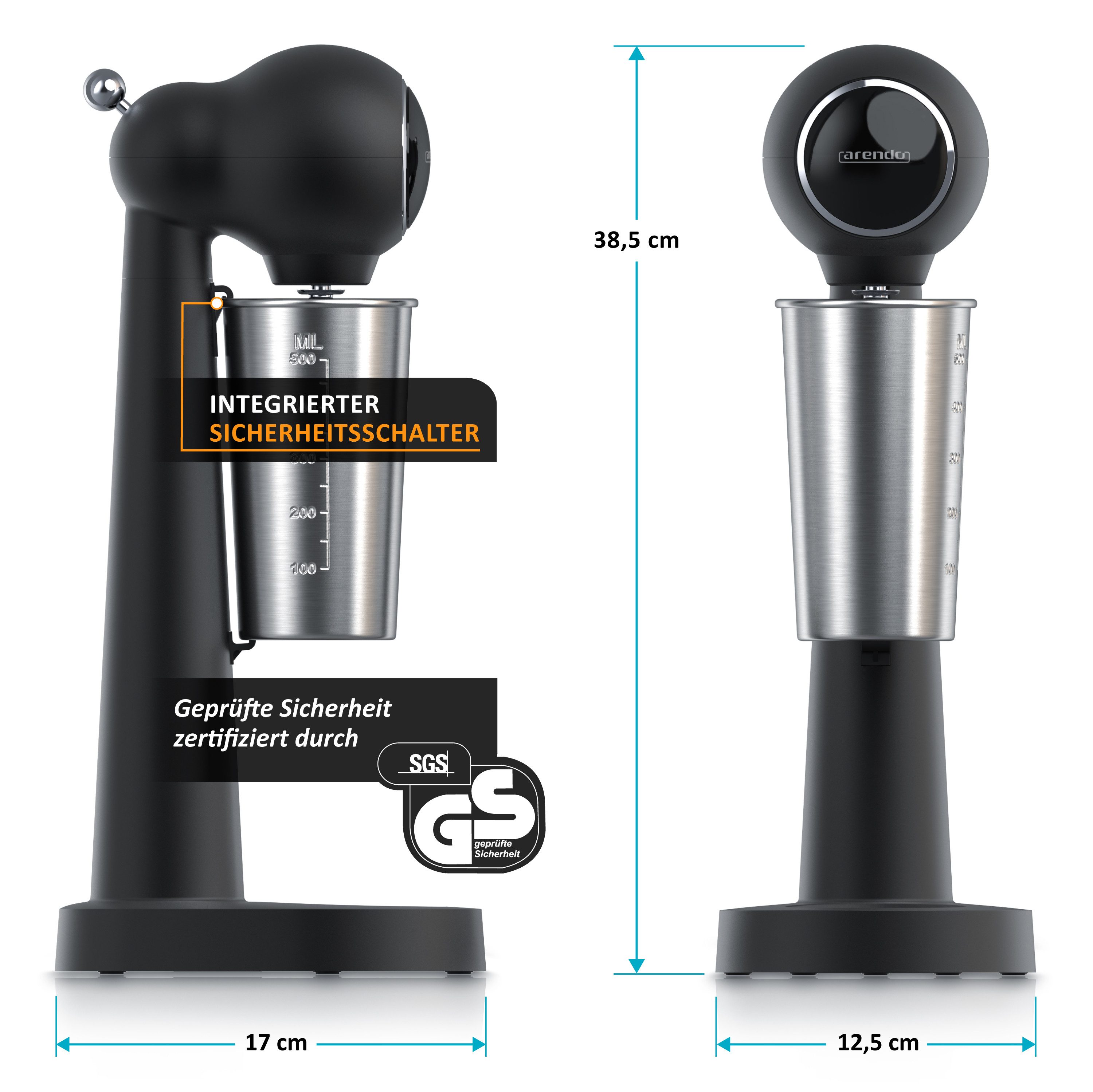 Arendo Standmixer 22.000 U/min, 100 W, 2 Stufen, Edelstahlbecher 500 ml, 100 W, Doppelrührstab, Sicherheitsschalter, Anti-Rutsch-Füße, GS-zertifiziert