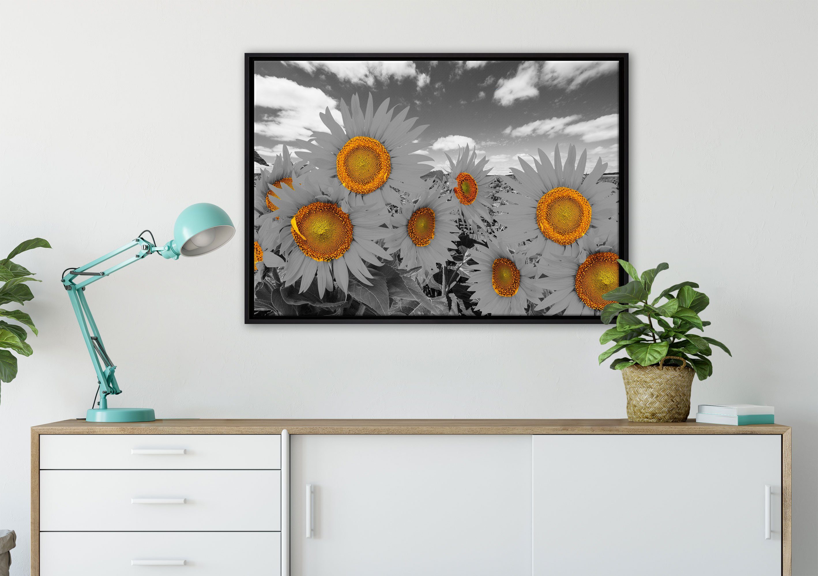 Pixxprint Leinwandbild Tolles Sonnenblumenfeld, bespannt, Wanddekoration gefasst, (1 St), Schattenfugen-Bilderrahmen Zackenaufhänger fertig einem Leinwandbild inkl. in