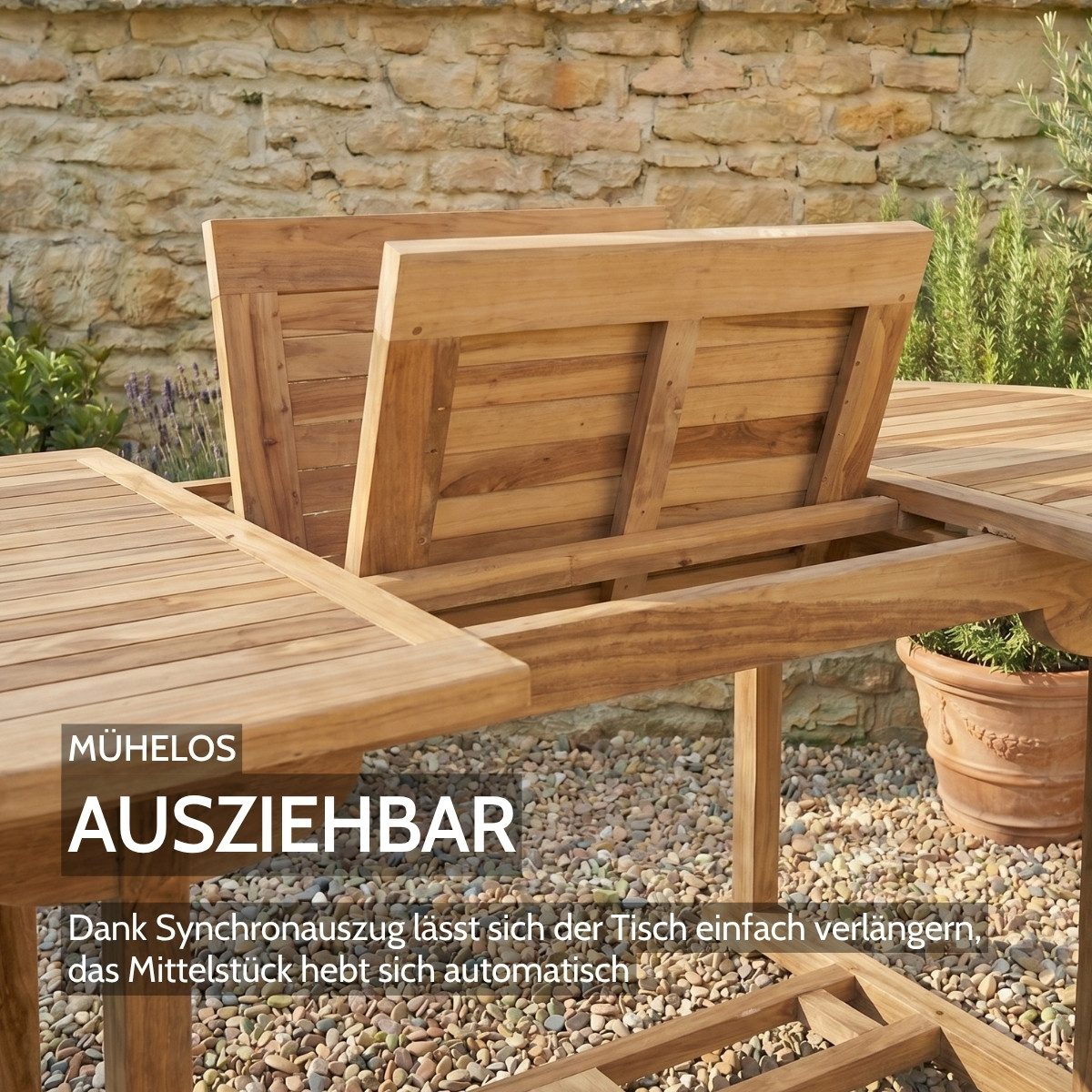 Liadomo Gartentisch Aruba, Garten-Ausziehtisch, komplett aus Teakholz, Synchronauszug, 180-240 x 75 x 100 cm