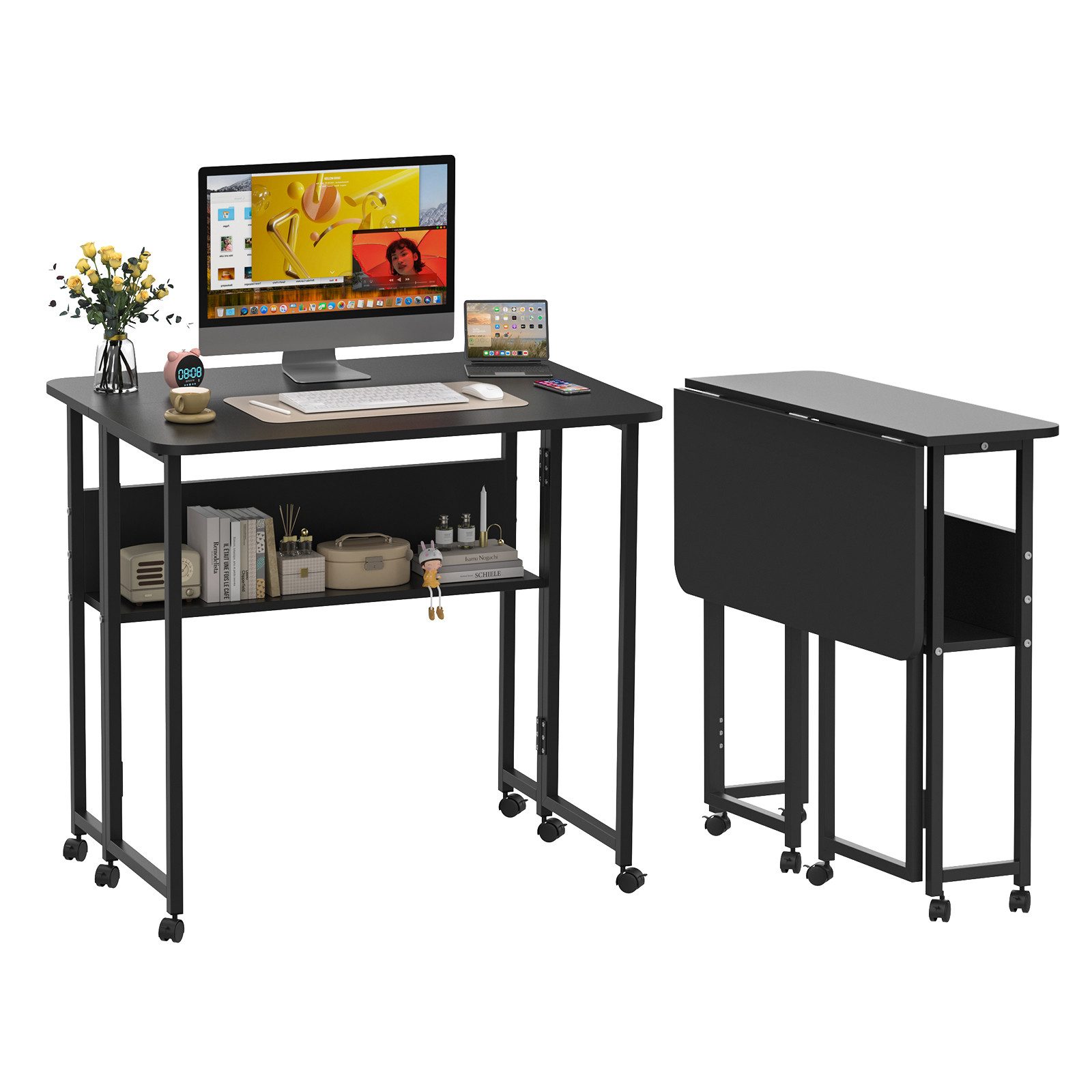 JEOBEST Computertisch Kleiner Schreibtisch klappbar mit Stauraum und Rollen, (1-St. 80x60cm) Arbeitstisch, für Homeoffice