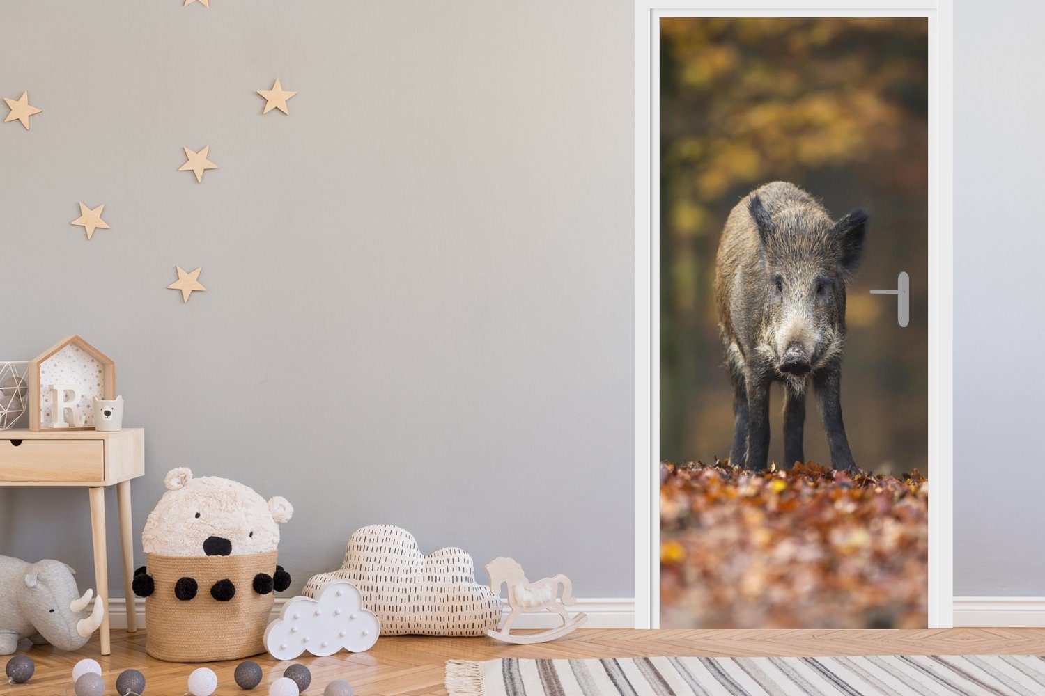 75x205 - Türtapete bedruckt, - cm Türaufkleber, für Wald St), Wildtier Fototapete (1 Tür, MuchoWow Herbst, Matt,