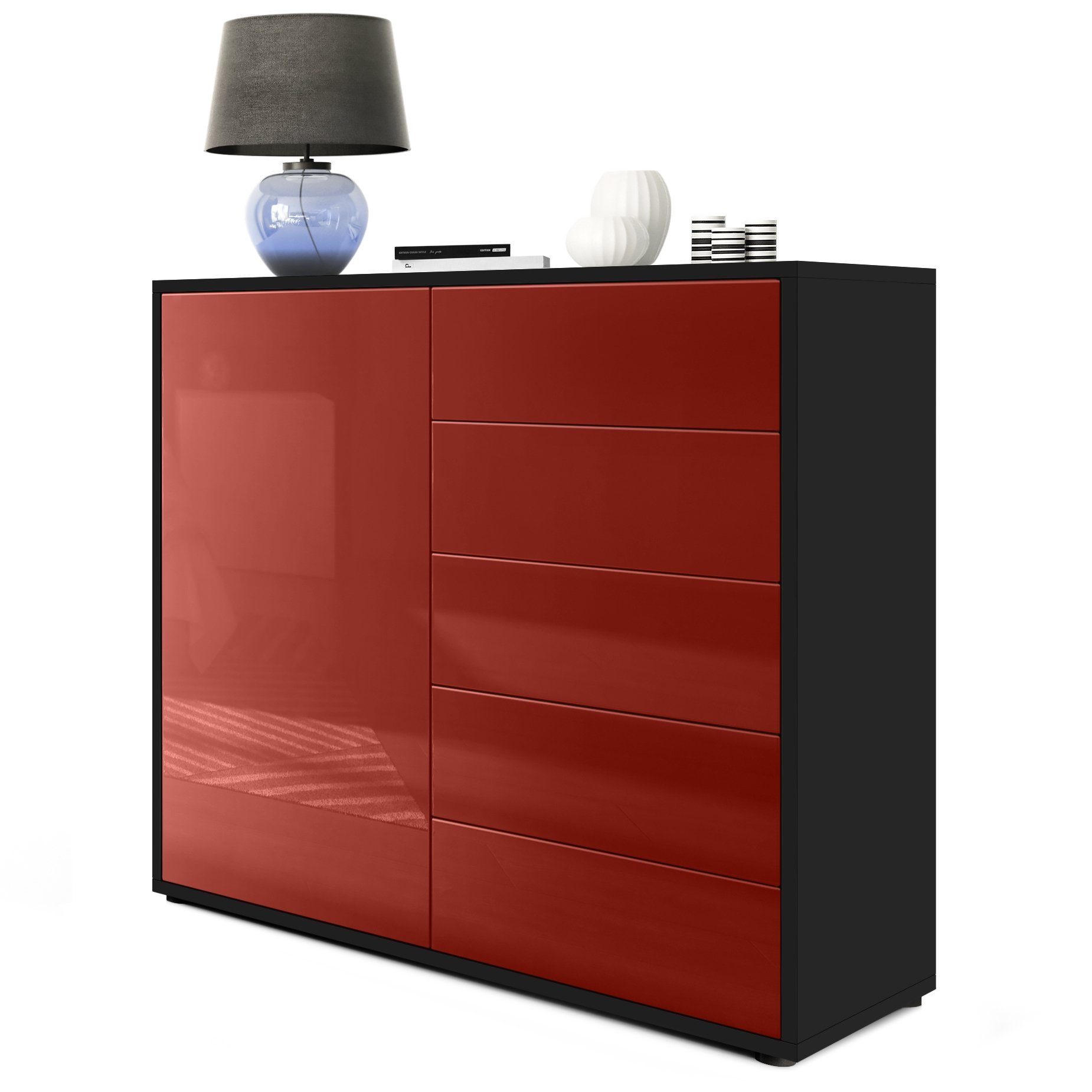 Vladon Kommode Ben V2 (Kommode, mit 1 Tür und 5 Schubladen), Schwarz matt/Bordeaux Hochglanz (79 x 74 x 36 cm)