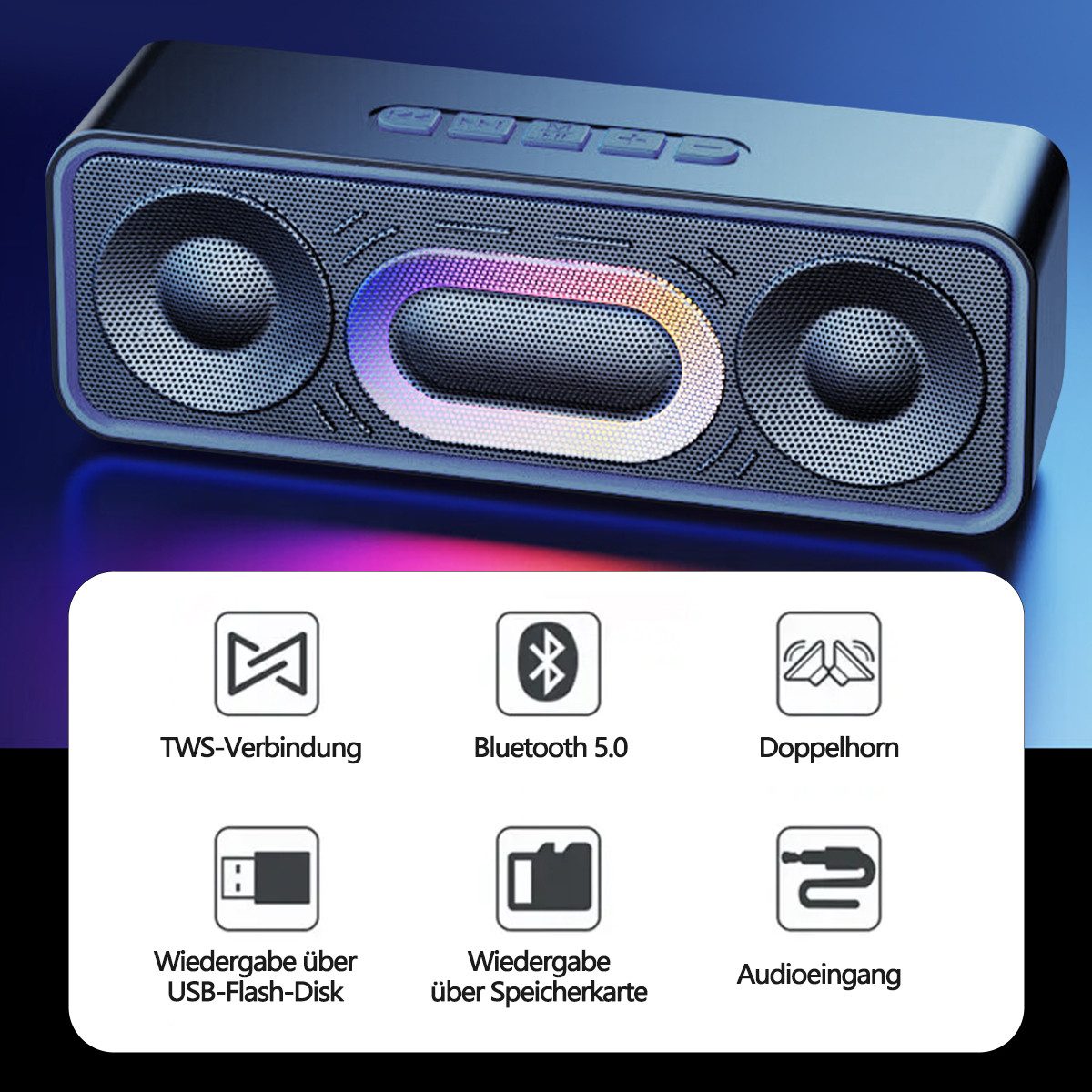 MOPUEA Bluetooth Lautsprecher 3D Surround TWS Tragbarer FM Radio Lautsprecher Bluetooth-Lautsprecher (Bluetooth 5.0 TWS 3D Sound FM Radio LED Licht 1500mAh)