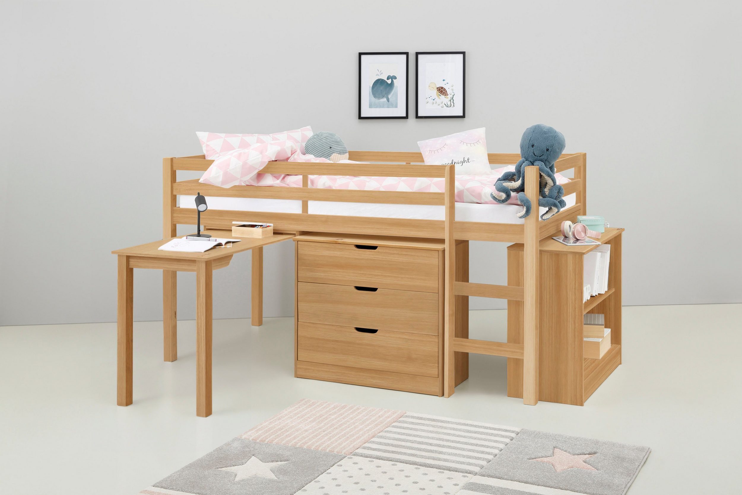 loft24 Hochbett Allie Kinderbett mit Schreibtisch und Kommode, Kiefer Massivholz, Landhaus