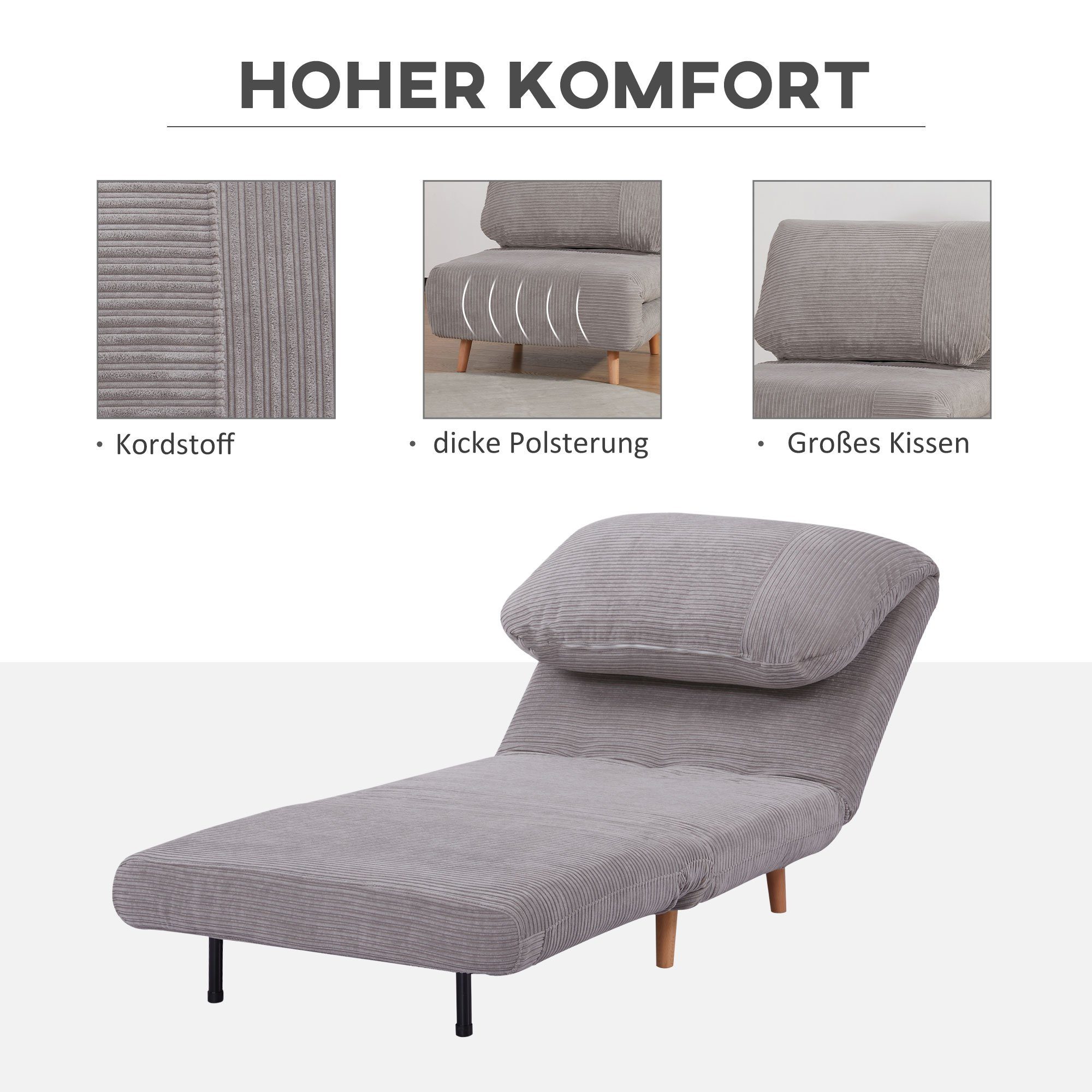 HOMCOM Sessel Cord-Optik 1 verstellbare Gästebett, mehrfach Kopfstütze 2-IN-1 Schlafsessel (Set, x Schlafsofa), verstellbar 1-St