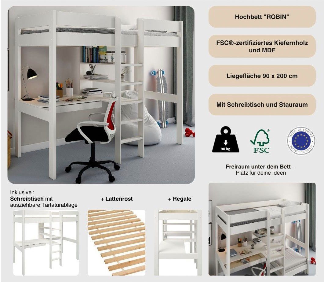 OTTO home Hochbett Stockbett, Kinderbett, "ROBIN " FSC® zertifiziertes Massivholz mit Schreibtisch und Regalen