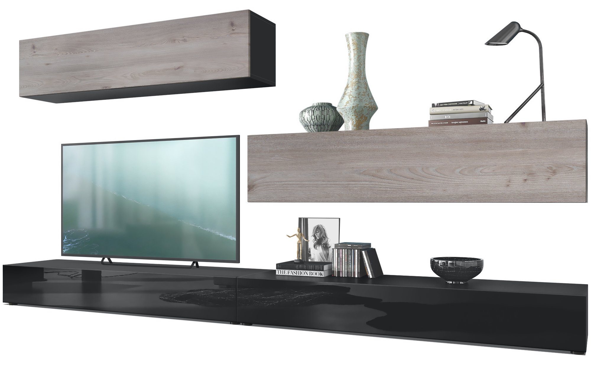 Vladon Wohnwand Nublo, (Anbauwand, mit Rückwand mit 2 Klappen und 2 Sockelelementen), Schwarz matt, Schwarz glänzend und Eiche Nordic (280x147x39 cm)