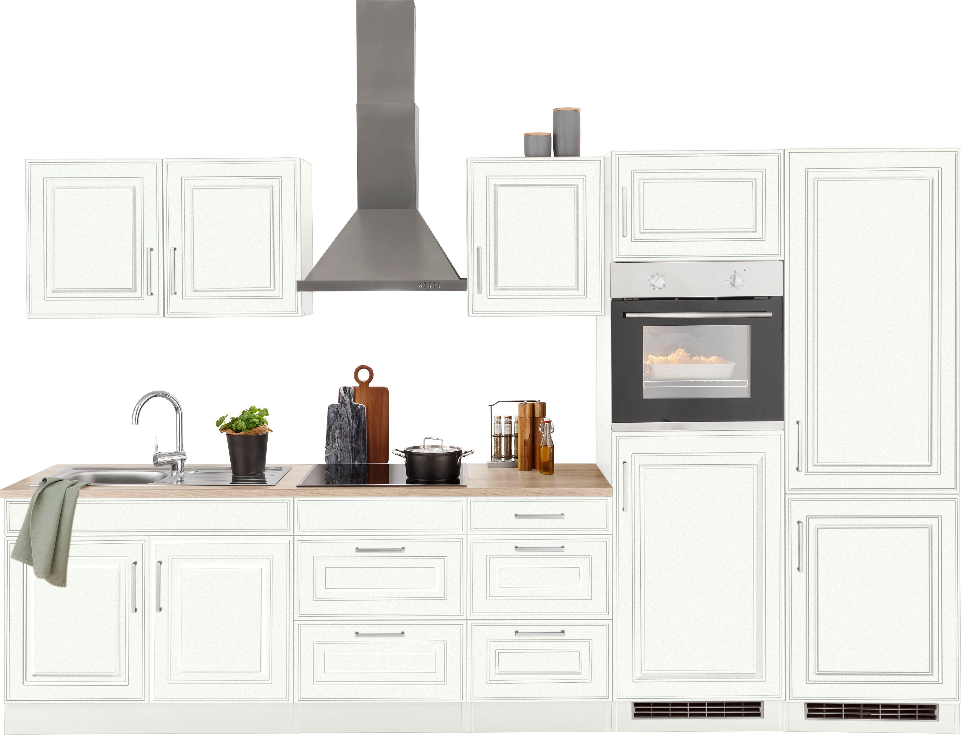 HELD MÖBEL Küchenzeile Stockholm, Breite 330 cm, mit hochwertigen MDF Fronten im Landhaus-Stil weiß