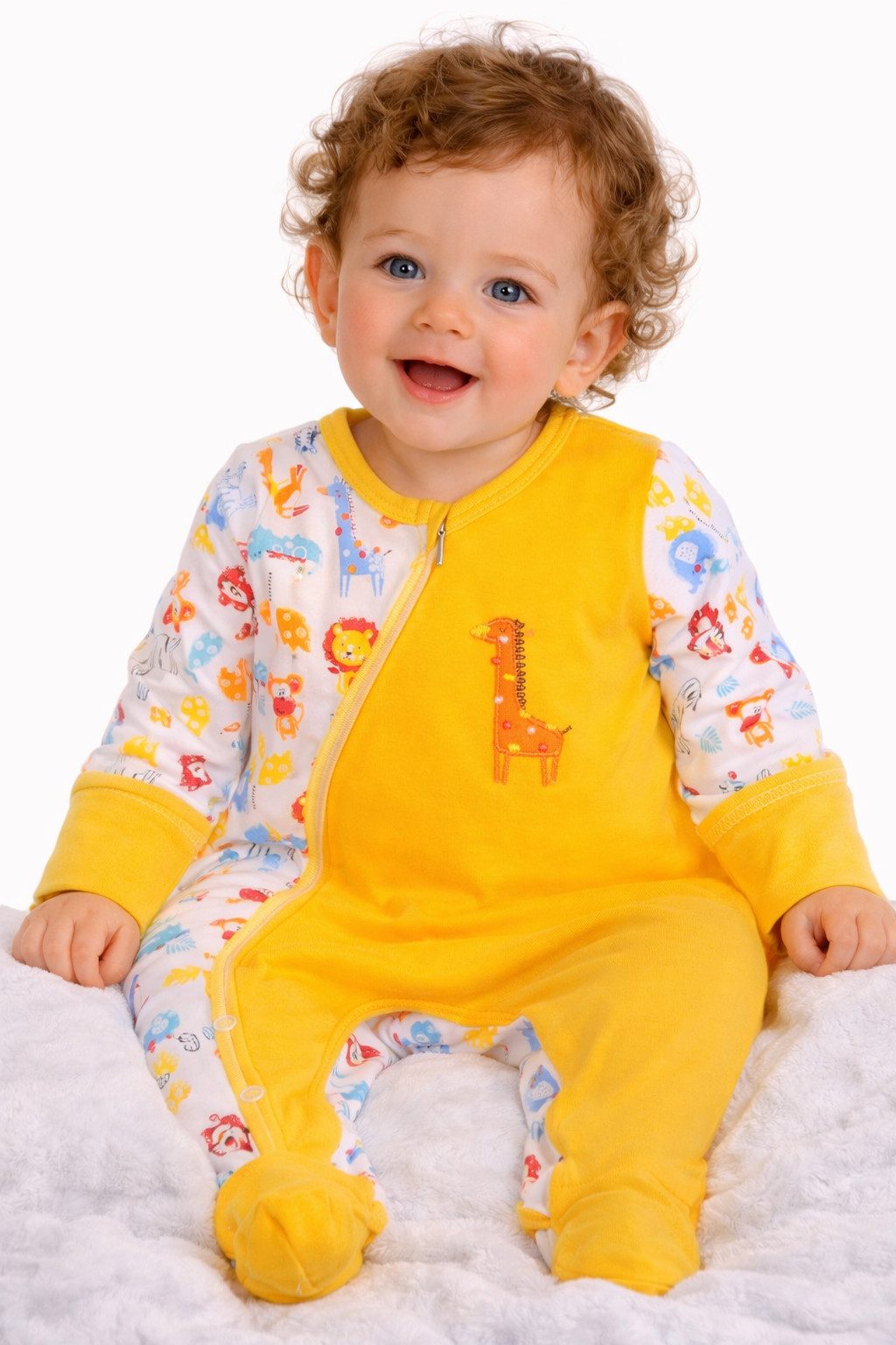 La Bortini Strampler Baby Overall Schlafanzug in Gelb mit Safari Muster