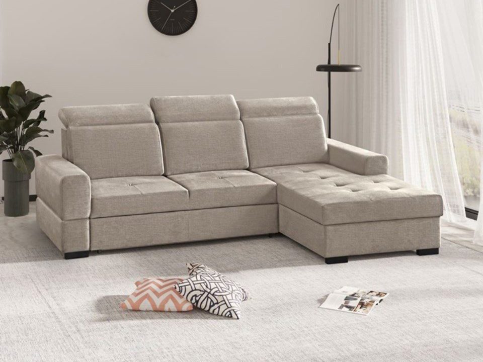 Beautysofa Ecksofa modernes 3-Sitzer Sofa mit Schlaffunktion und Bettkasten ALEX, komfortables Wohnzimmer-Ecksofa, verstellbare Kopfstützen