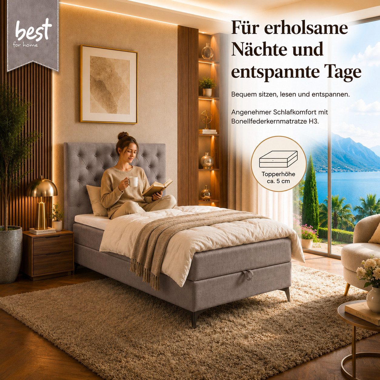Best for Home Boxspringbett K18 Single SLIM mit Bettkasten & Bonellfedrkernmatratze, Topper H3 (Einzelbett, Polsterbett, Juniorbett, Hotelbett, versch. Größen, 1-St., 70x200 80x200 90x200 100x200 cm), mit oder ohne Topper, Flexible Liefermöglichkeiten, Handwerksqualität