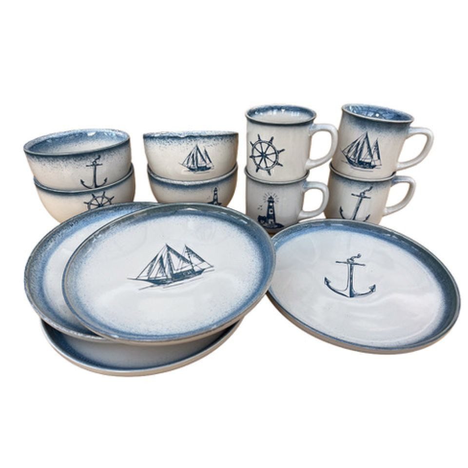 Koopman Geschirr-Set 12er-Set Becher, Schale, Teller in weiß mit blauem maritimem Aufdruck, 4 Personen, Porzellan