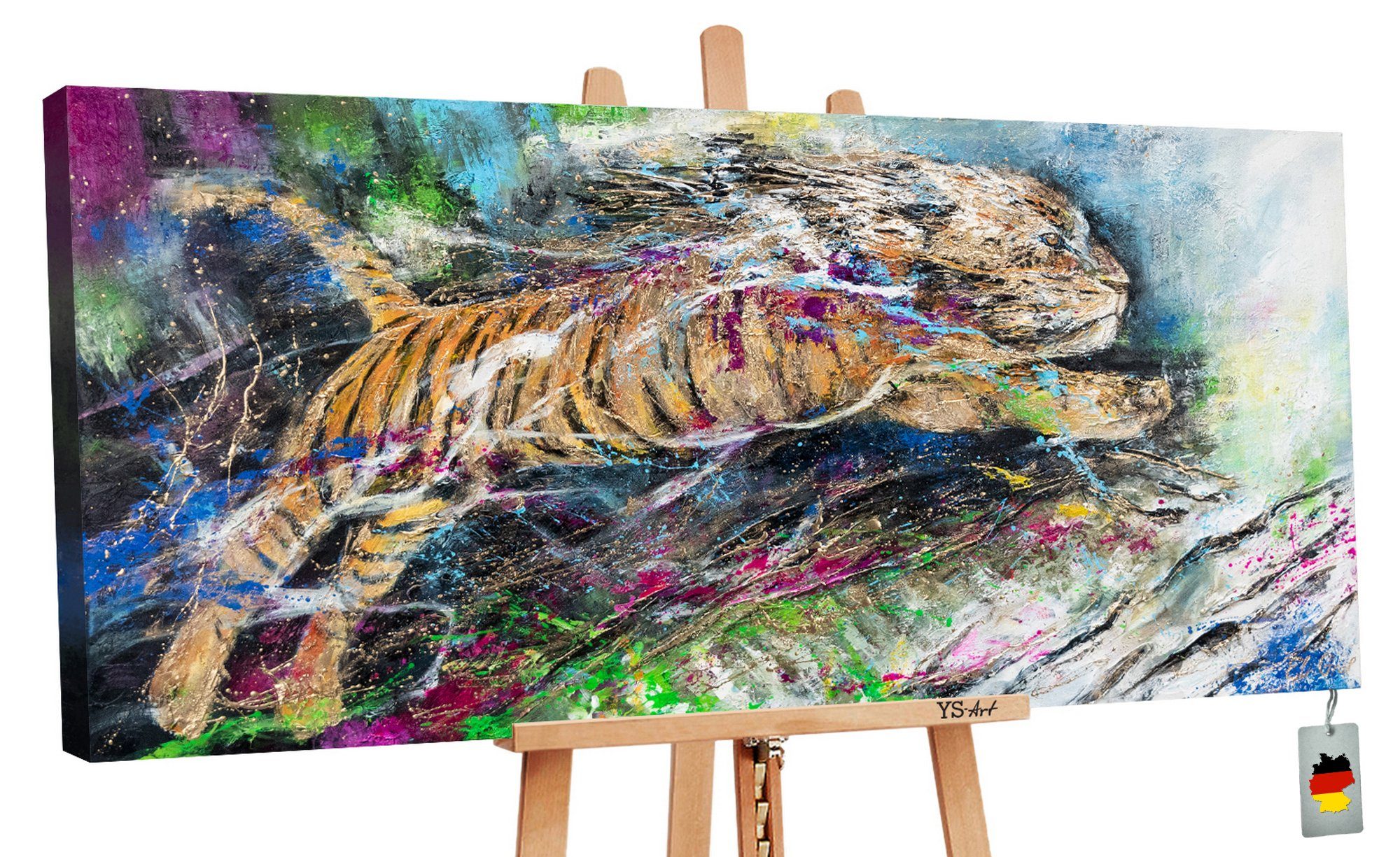 YS-Art Gemälde Springender Bunter Tiger Bild Handgemalt Tier Tiere, Leinwand Energie