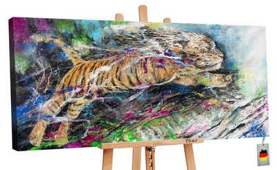 YS-Art Gemälde Energie, Tiere, Bunter Springender Tiger Leinwand Bild Handgemalt Tier