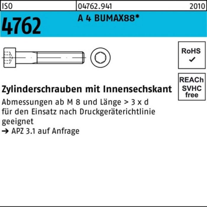 Bufab Zylinderschraube 100er Pack Zylinderschraube ISO 4762 Innen-6kt M10x 20 A 4 BUMAX88 50