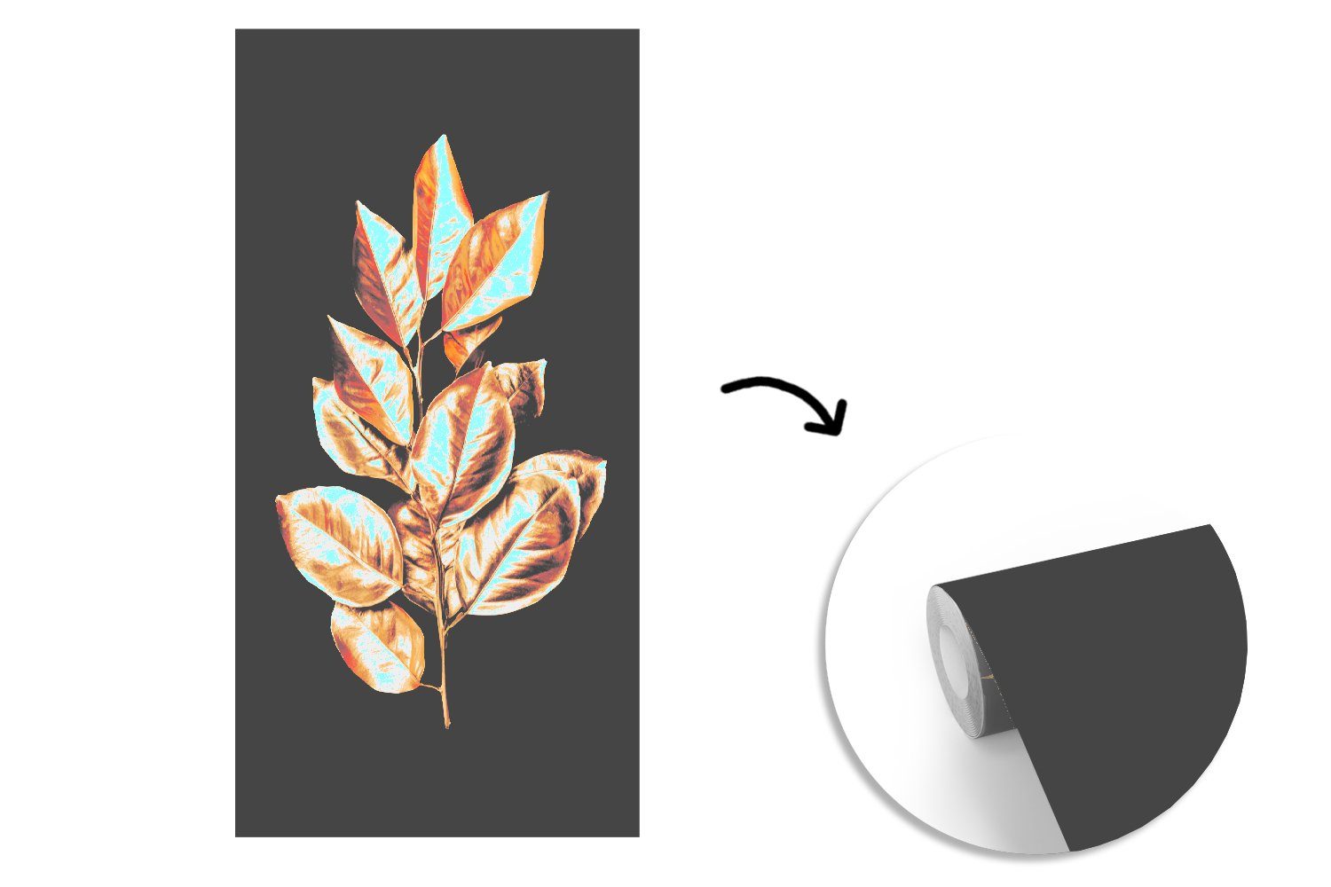 Matt, - Gold bedruckt, Pflanze MuchoWow - (2 St), Luxus, Wohnzimmer für - Vliestapete Blätter Schlafzimmer - Schwarz Fototapete Küche, Fototapete