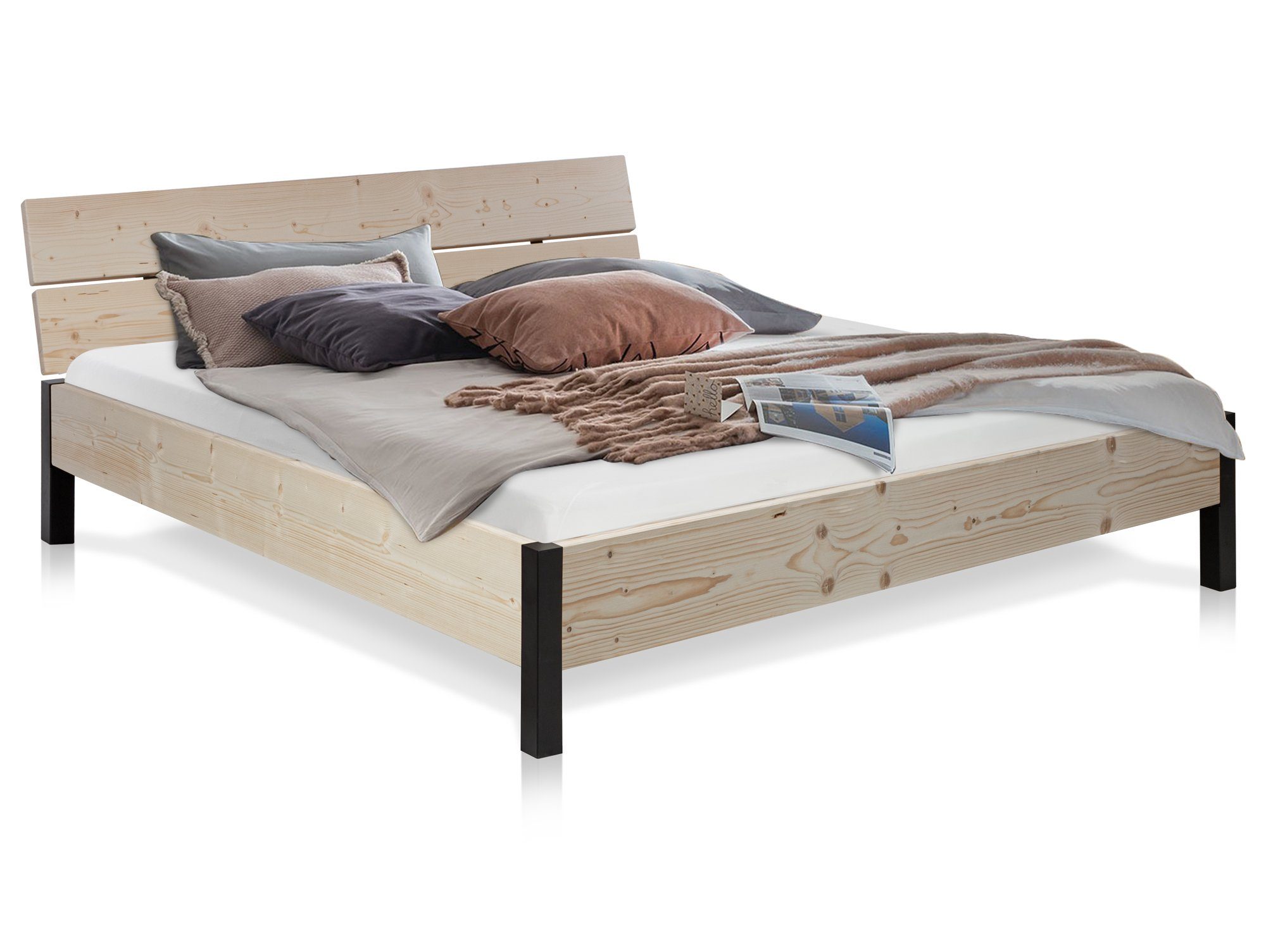 Moebel-Eins Massivholzbett, LUKY Bett Metallfuß, mit Kopfteil, Material  Massivholz, Fichte massiv
