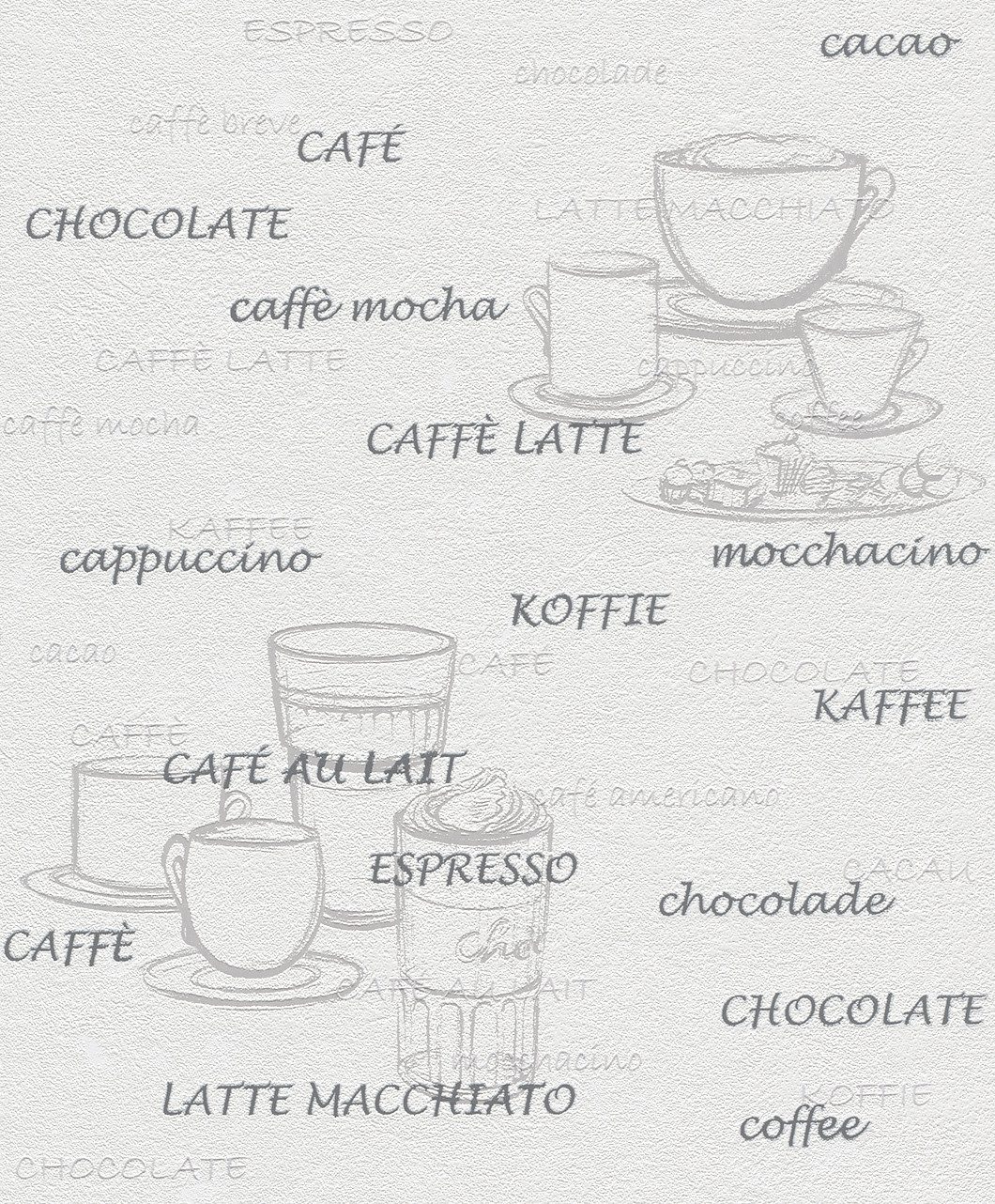 Rasch Vliestapete Kaffeemotiv - Vliestapete Weiß Grau, Mehrfarbig, (1 Rolle, 1 St., Kollektion 'Selection' - 10,05 m x 0,53 m), gute Lichtbeständigkeit, hoch waschbeständig, restlos abziehbar