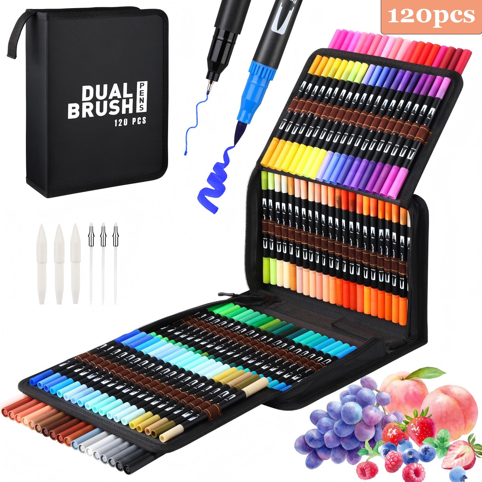 Kityhome Malstift 120 Farben Dual Tip Marker Stifte Filzstifte fein breit Ersatzspitzen, (Set, 120-tlg., 3 Ersatzpinselspitzen/3 Ersatzfeinspitzen), Filzstift,Malstift,Wasserbasierte Tinte,Ideales Kindertagsgeschenk
