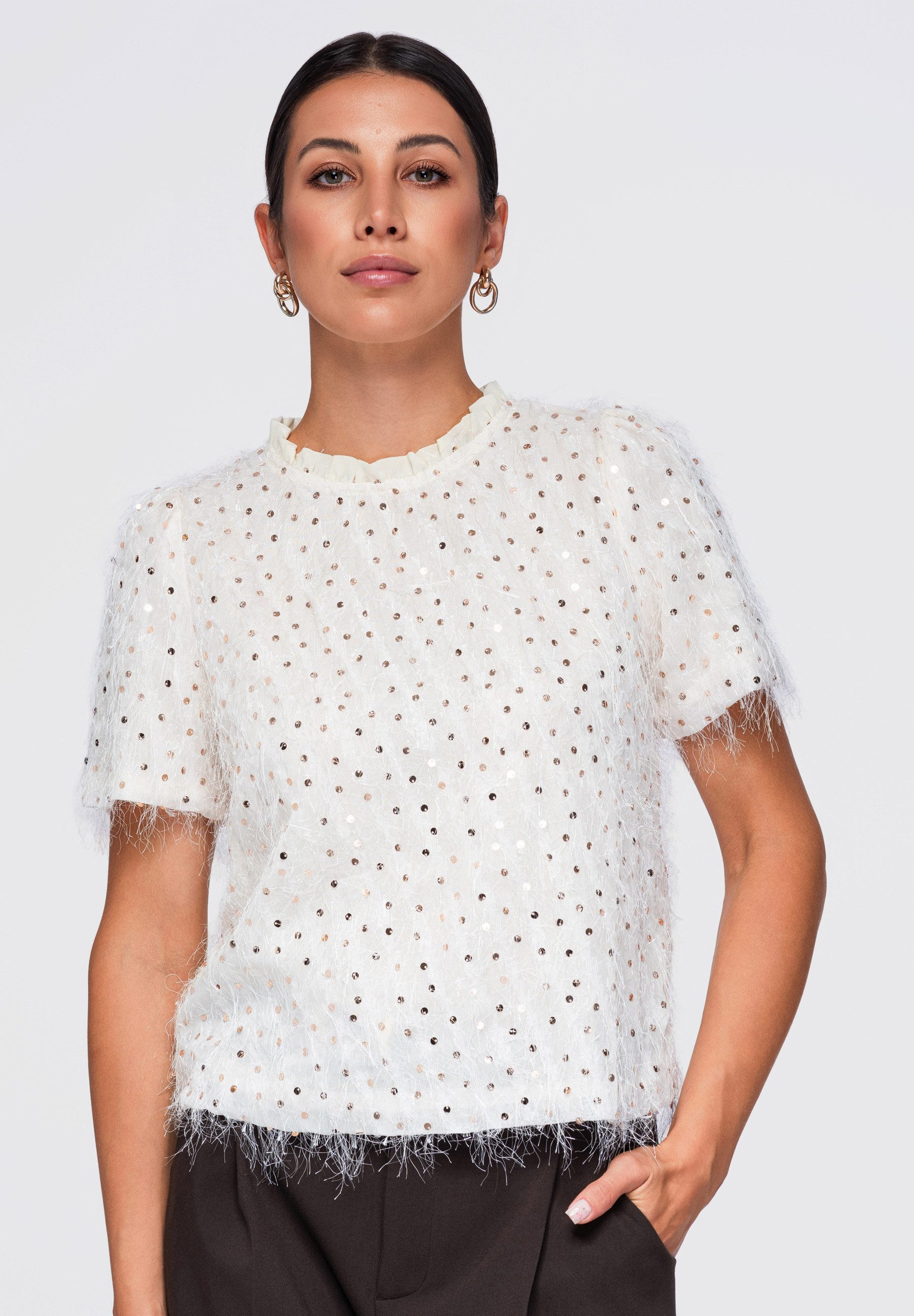 OMBRE Blusentop Damen Blusentop mit Rüschen und V-Ausschnitt Beige L (kein Set, 1-tlg) in Unifarbe