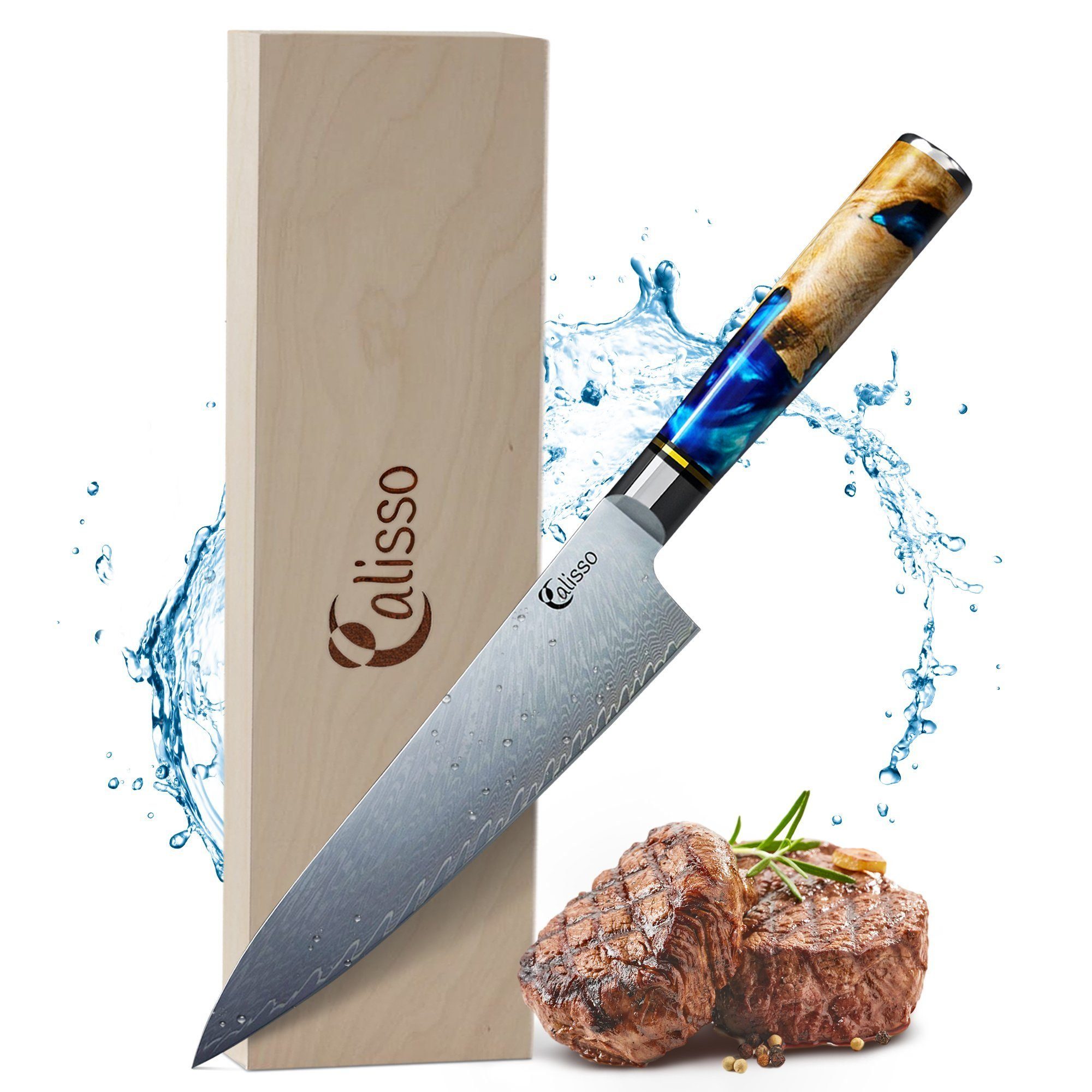 Calisso Kochmesser Küchenmesser Aquamarine Line Chefmesser, Damastmesser