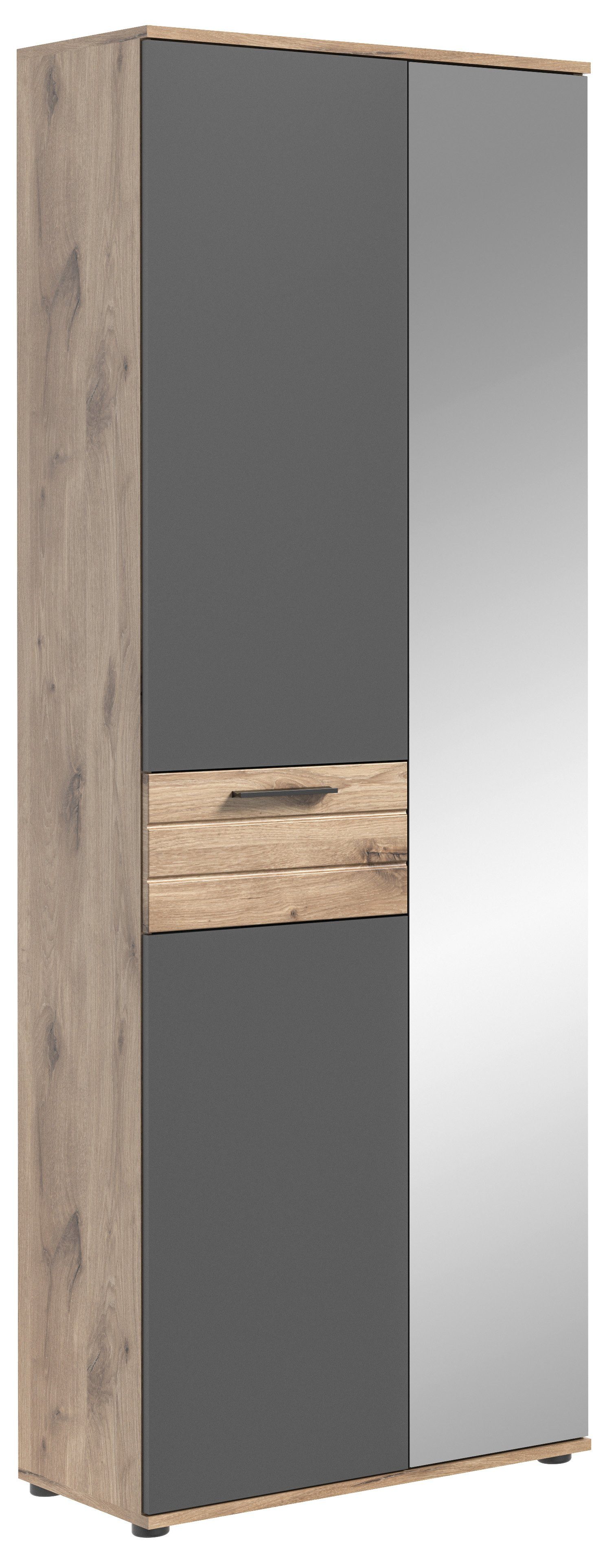 Newroom Garderobenschrank Eiche 200 cm Garderobenschrank Basalt Grau Eiche Hochschrank Schrank Industrial ...