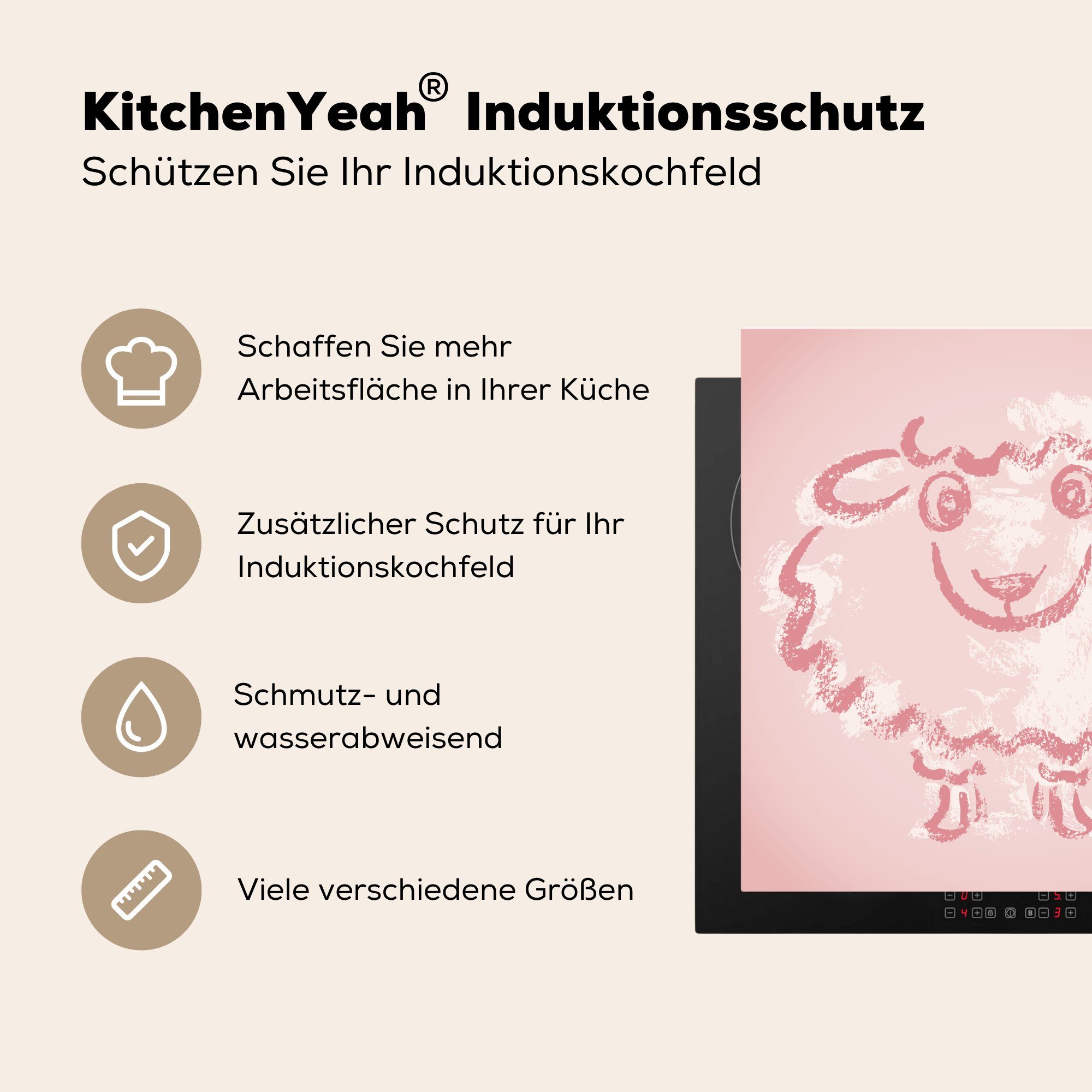 in Illustration (1 tlg), Herdblende-/Abdeckplatte Eine cm, Schafes für eines Arbeitsplatte küche Rosa, Vinyl, Ceranfeldabdeckung, MuchoWow 78x78