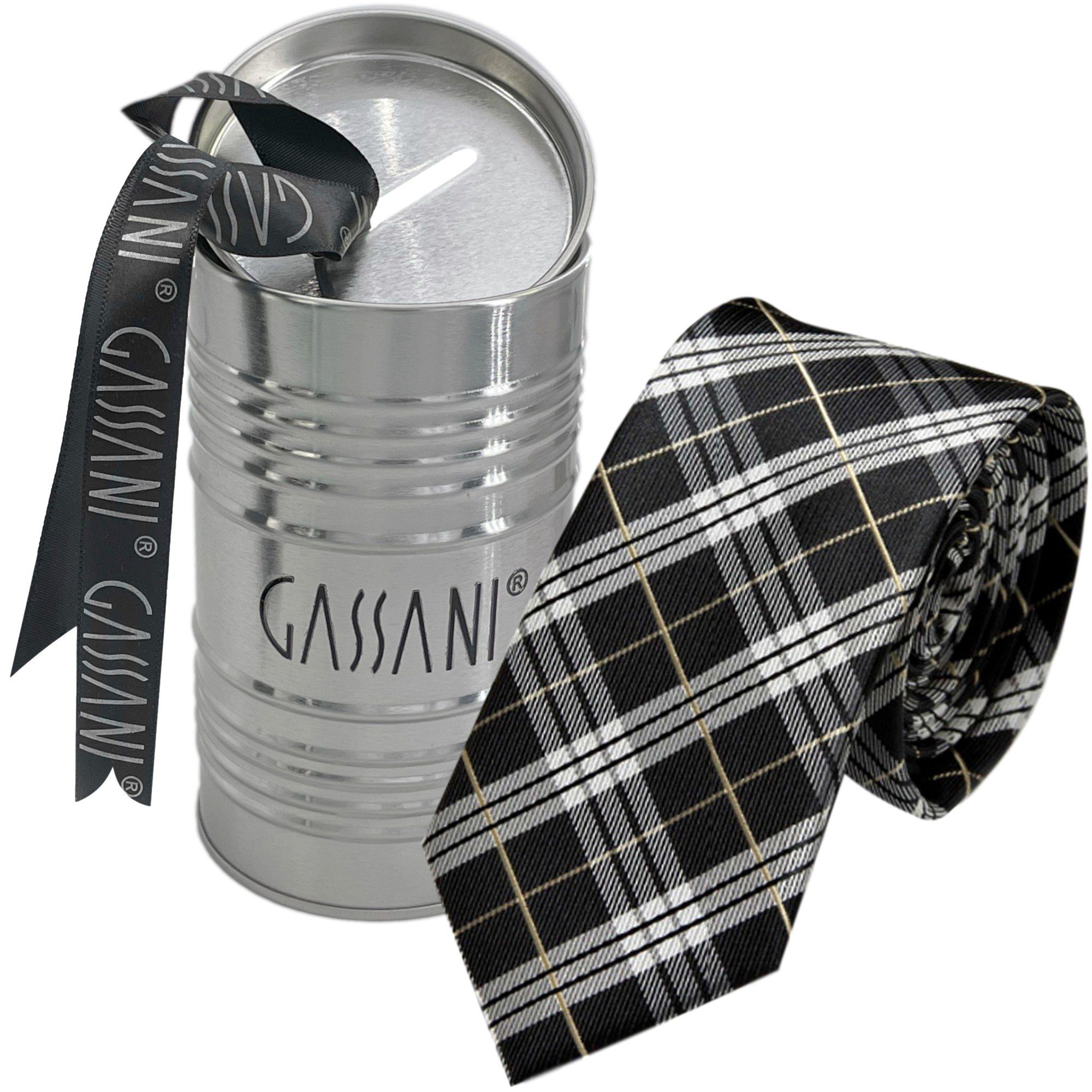 GASSANI Krawatte Slim Karo Herren-Schlips Schmal zum Anzug Sakko (Set, 2-St., Businesskrawatte, Kariert mit Feinen Streifen, Schotten-Karo, Glencheck-Design, Tartan, Plaid, Karomuster, inkl Geschenkverpackung) Retro Männer Binder, In Geschenk-Box Dose Blech-Spardose, Seide-Touch Schwarz Lichtgrau Hell-Grau Silber-Grau Platingrau Helles Grau Golden Beige-Gold