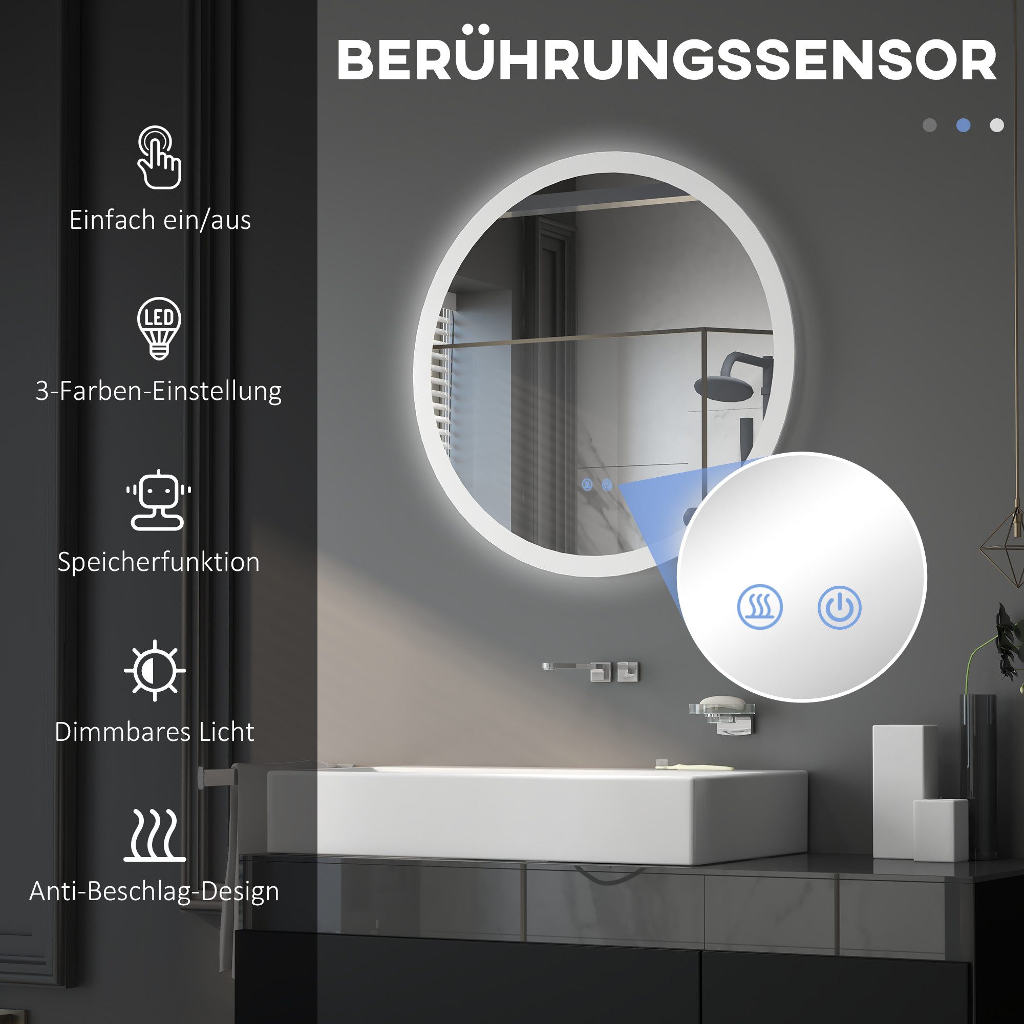 Kleankin Badspiegel Runder LED Spiegel mit Touchschalter, Memory-Funktion Lichtspiegel (Wandspiegel, 1-St., Badezimmerspiegel), Anti-Beschlag, Ø70 x 3 cm – Bild 4 von 5